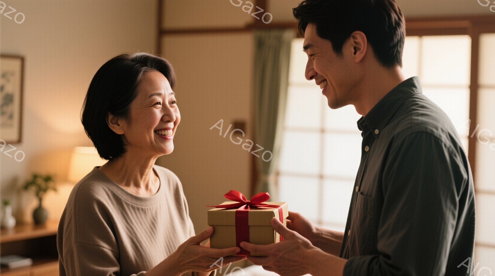 年齢を重ねた女性が、赤いリボンで結ばれた小さな贈り物を受け取ろうとしています。彼女はベージュ色のセーターを着ており、微笑みを浮かべています。背景には日本の伝統的な部屋が見え、明るい自然光が差し込んでおり、温かく穏やかな雰囲気が漂っています。