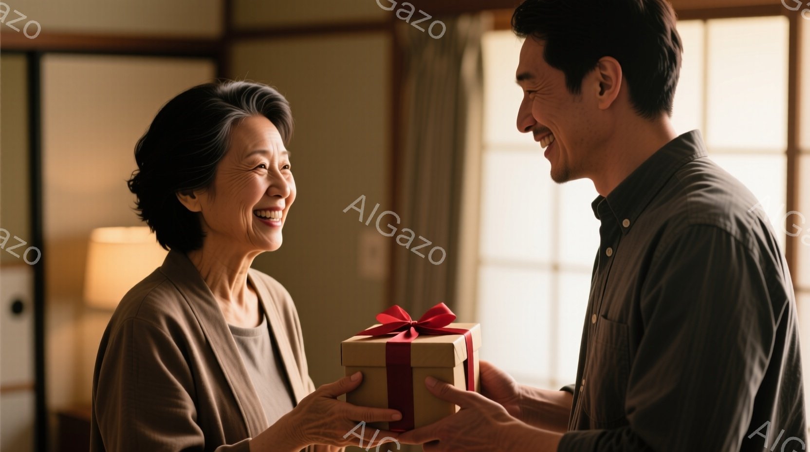 年配の女性が、若い男性からプレゼントを受け取ろうとしています。女性は茶色のシンプルな服を着ており、短く梳き込まれた黒髪です。男性は紺色のシャツを着ており、プレゼントを受け取る女性に向かって微笑んでいます。背景には明るい部屋の一部が見え、温かく穏やかな雰囲気です。