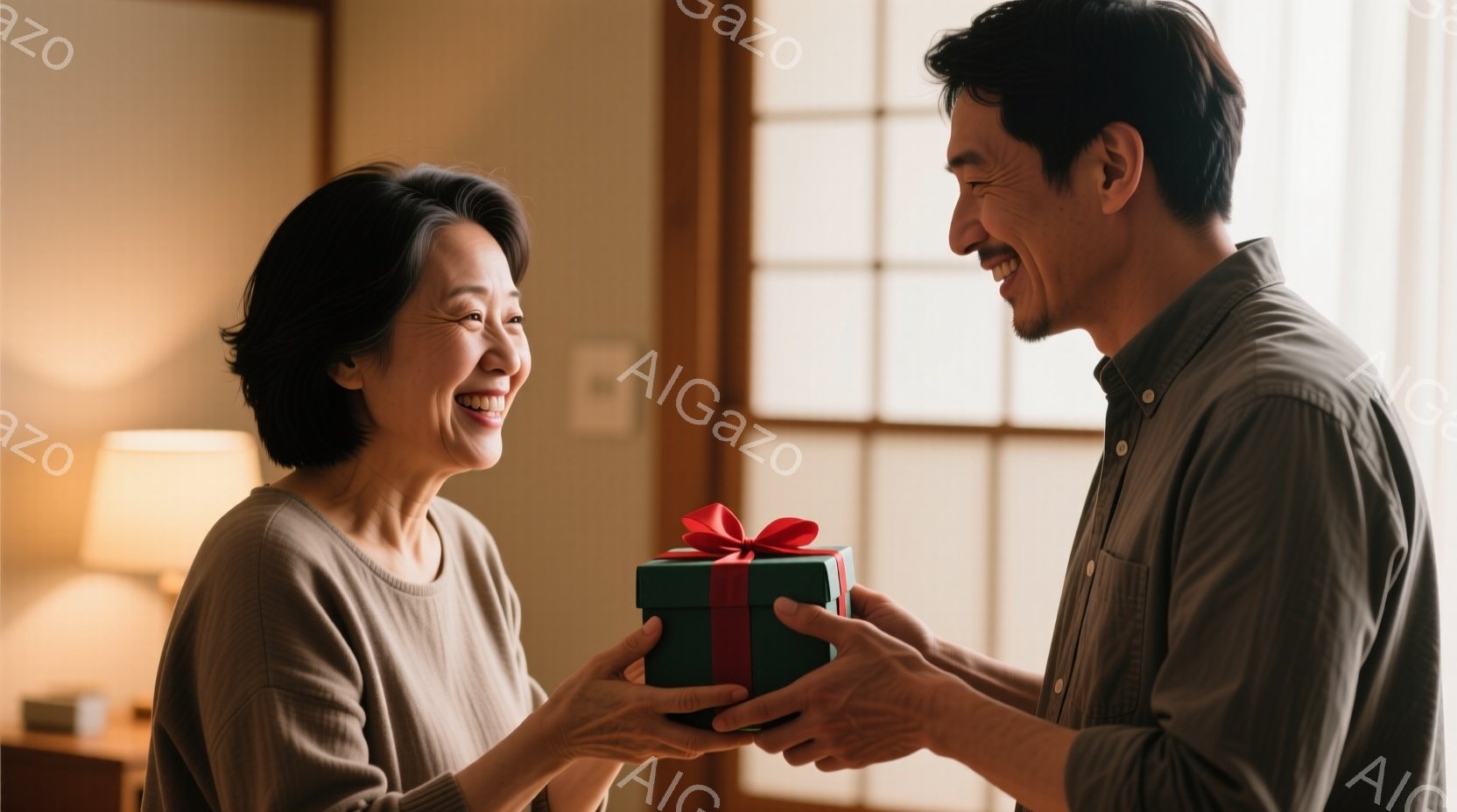 室内で、一人の女性と男性がプレゼントを交換しています。女性は茶色のセーターを着ており、短くウェーブのかかった髪で、笑顔を見せています。男性はベージュ色のシャツを着ており、女性に緑色のリボンで結ばれたギフトボックスを渡しており、両者とも幸せそうに見えます。