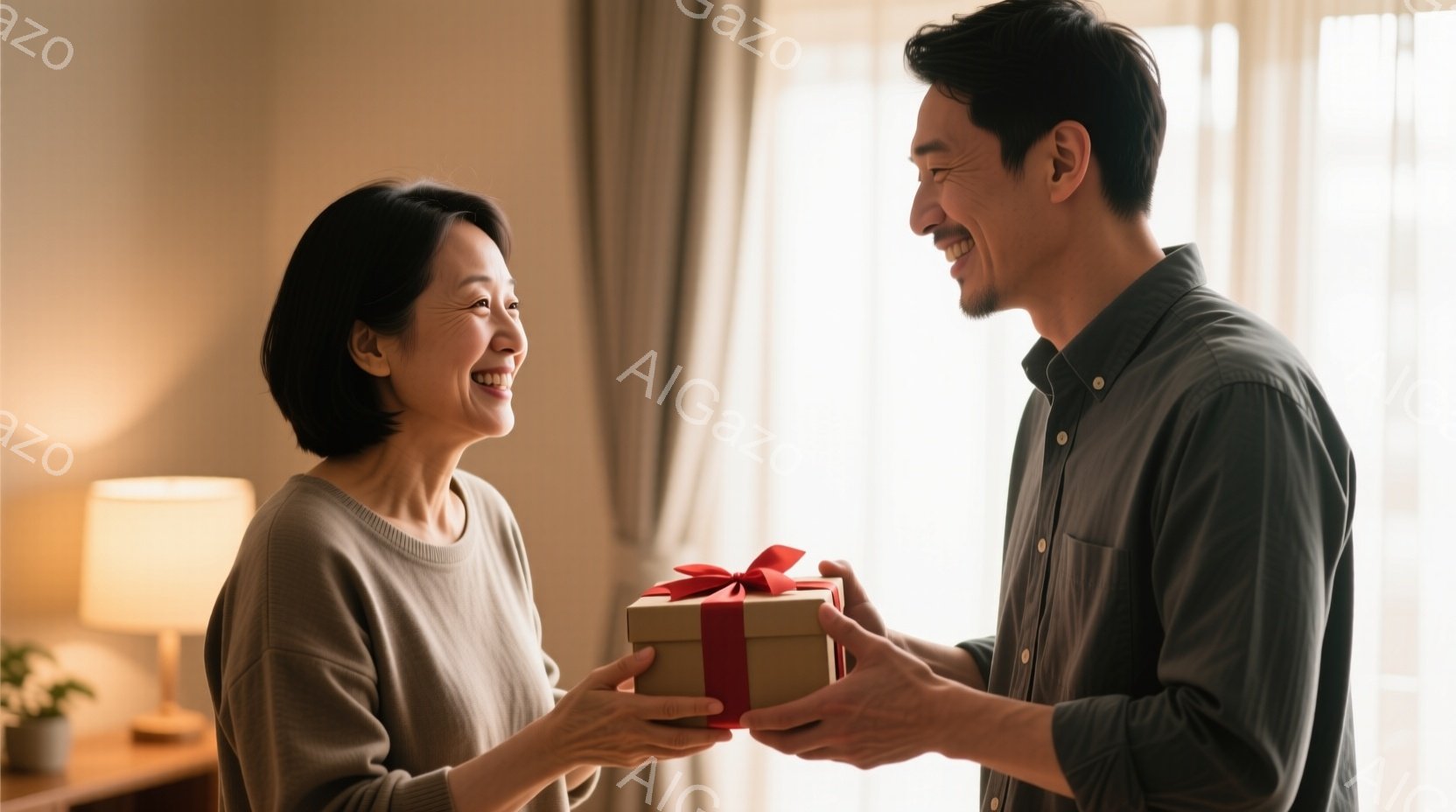 中年の女性が笑顔でプレゼントを受け取ろうとしており、若い男性がそれを提供しています。女性はグレーのセーターを着て髪を後ろにまとめ、男性はダークブルーのシャツを着ています。背景には暖色系の家具と、柔らかい光が差し込む窓があり、温かく幸せな雰囲気を醸し出しています。