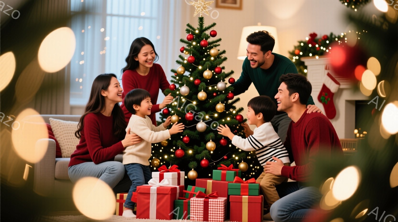 家族がクリスマスツリーの周りに集まり、プレゼントを飾り付けています。母親は赤いセーターを着て、息子と一緒にツリーを飾り、笑顔を見せています。背景には、たくさんのプレゼントの箱と暖炉があり、温かく幸せな - AI生成フリー素材