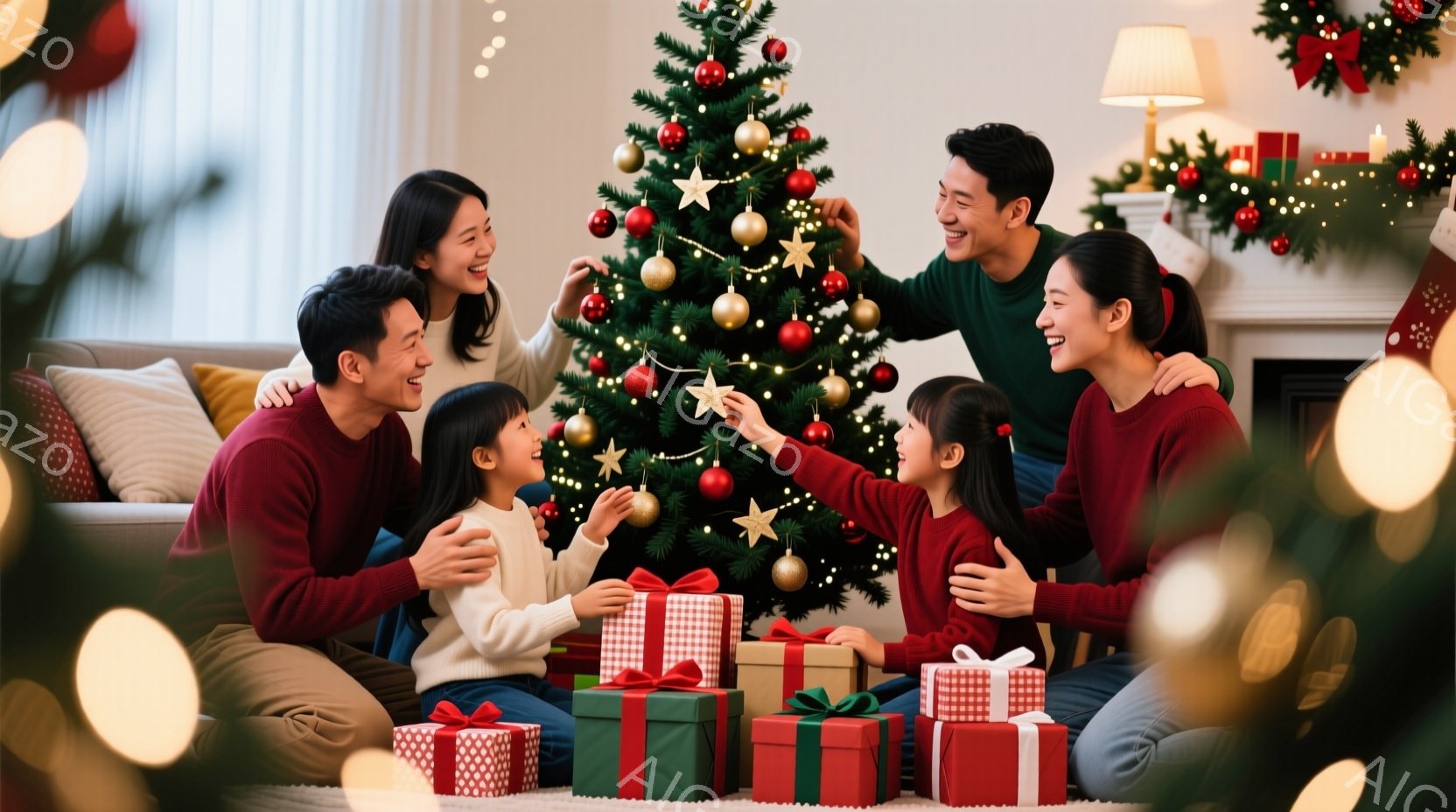 家族がクリスマスツリーの周りに座り、飾り付けを楽しんでいます。両親は赤いセーターを着て笑顔を見せ、子供たちはツリーに飾りをつけようとしています。背景には、プレゼントボックスが積み上げられ、暖炉と装飾が - AI生成フリー素材