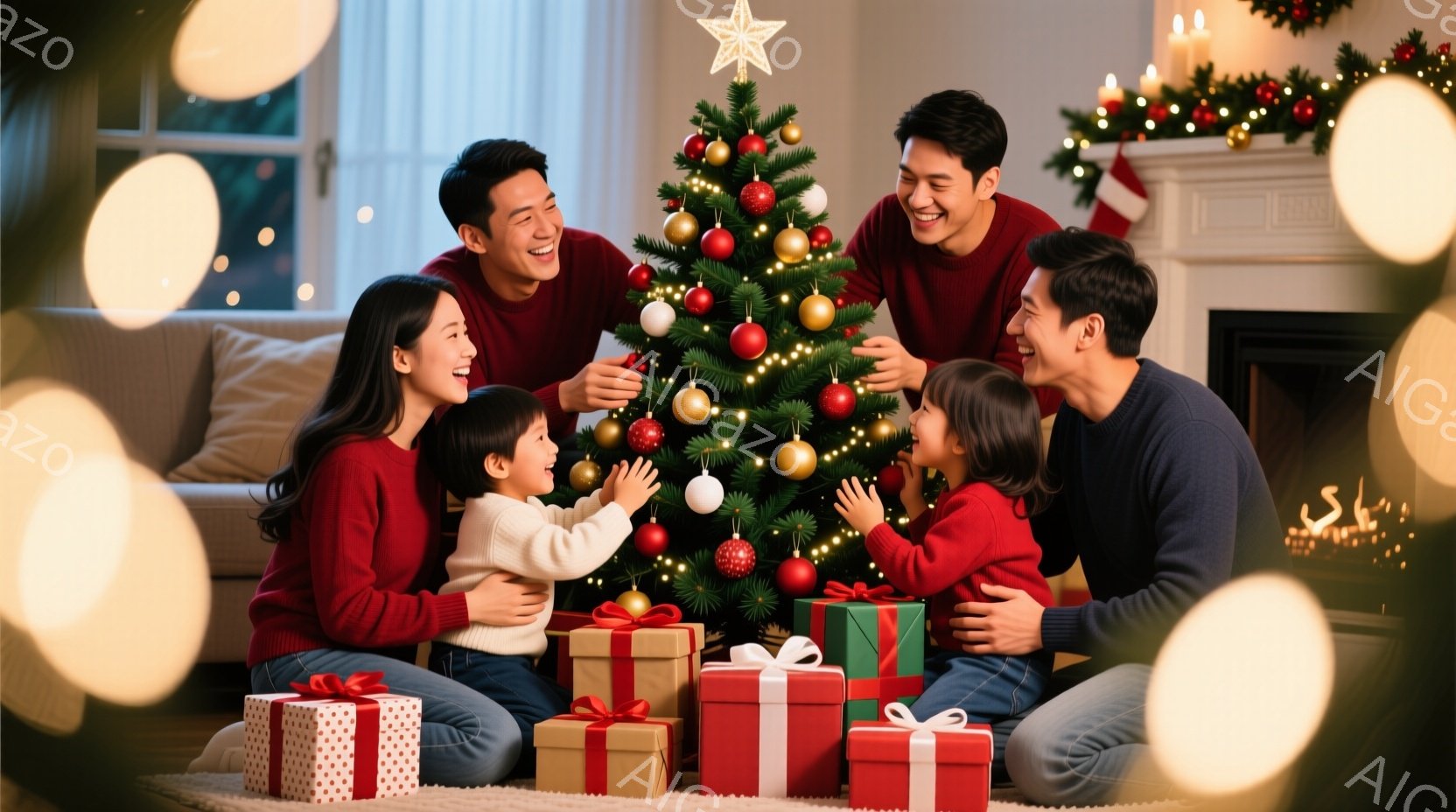 家族がクリスマスツリーの周りに座り、プレゼントを開ける準備をしている様子が描かれています。両親は笑顔で子供たちを見守り、子供たちは興奮してプレゼントに手を伸ばしています。背景には暖炉があり、部屋全体が温かく、幸せなクリスマスの雰囲気に包まれています。