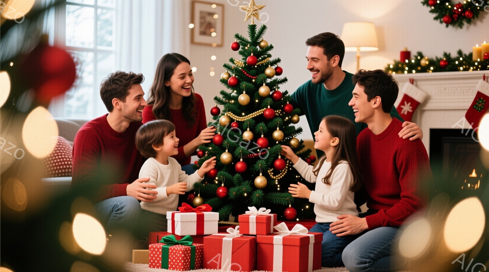 家族がクリスマスツリーの周りに集まり、飾り付けを楽しんでいる様子が写っています。母親は長い茶色の髪で、白いセーターを着ています。父親と子供たちは赤いセーターを着ており、皆笑顔でクリスマスの雰囲気を楽しんでいる様子が伝わってきます。