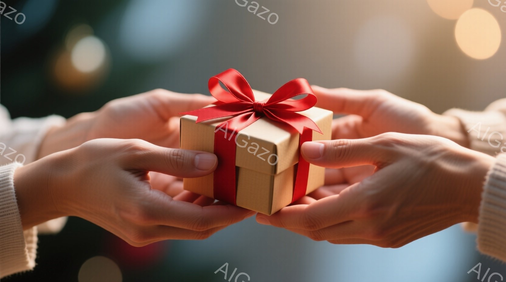 2つの手が、小さなギフトボックスを互いに向かって差し出している様子が写っている。ギフトボックスは茶色で、鮮やかな赤いリボンで飾られており、贈り物や感謝の気持ちを表しているようだ。背景はぼやけており、暖色系の光が差し込み、お祝いの温かい雰囲気を醸し出している。