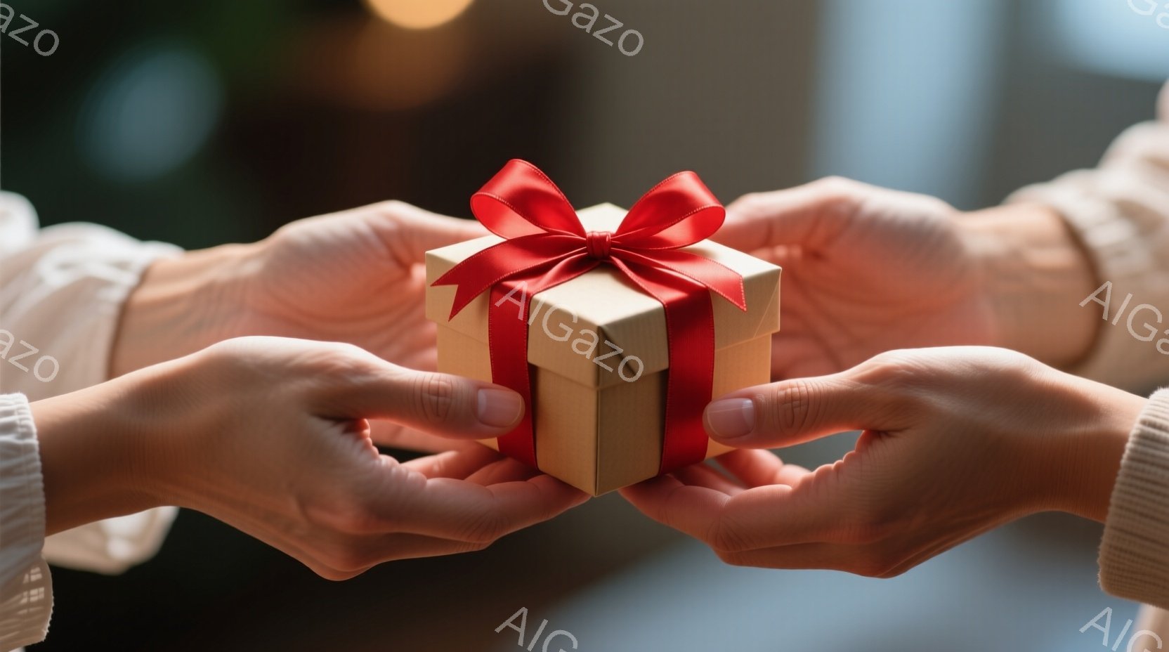 左右の手に、ベージュ色の包装紙で丁寧に包まれた小さなギフトボックスが浮かんでいる。赤いリボンが可愛らしく結ばれており、贈り物を受け渡す瞬間を捉えているようだ。背景はぼかされており、暖かく穏やかな雰囲気を醸し出している。