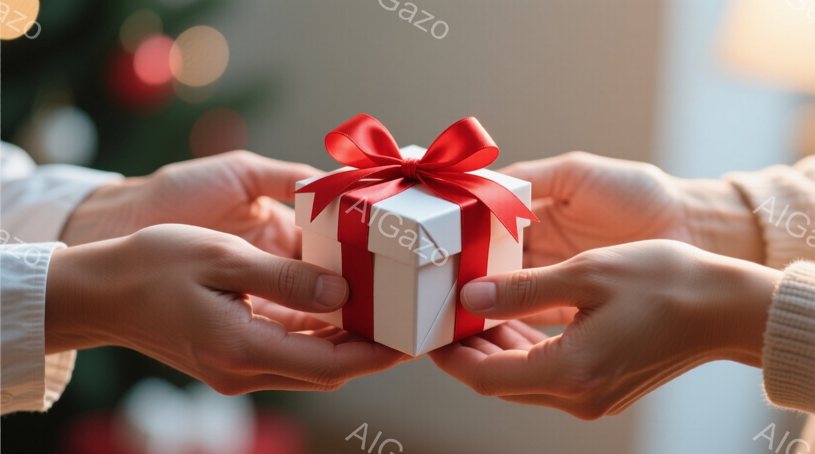 2つの手が小さな白いギフトボックスを優しく差し出している様子が写っている。ギフトボックスは赤いリボンで美しく飾られており、温かい雰囲気を醸し出している。背景はぼかされているが、クリスマスツリーの光がちらちらと見え、お祝いのムードを感じさせる。