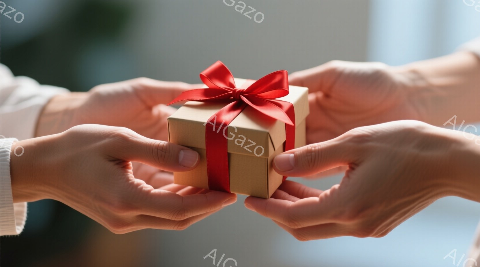 両手で小さなギフトボックスが差し出されている様子が写っている。ギフトボックスは茶色で赤いリボンで飾られており、両手の間に浮かんでいる。背景はぼやけており、室内であることはわかるが、詳細は不明瞭で、全体的に穏やかで優しい雰囲気が漂っている。