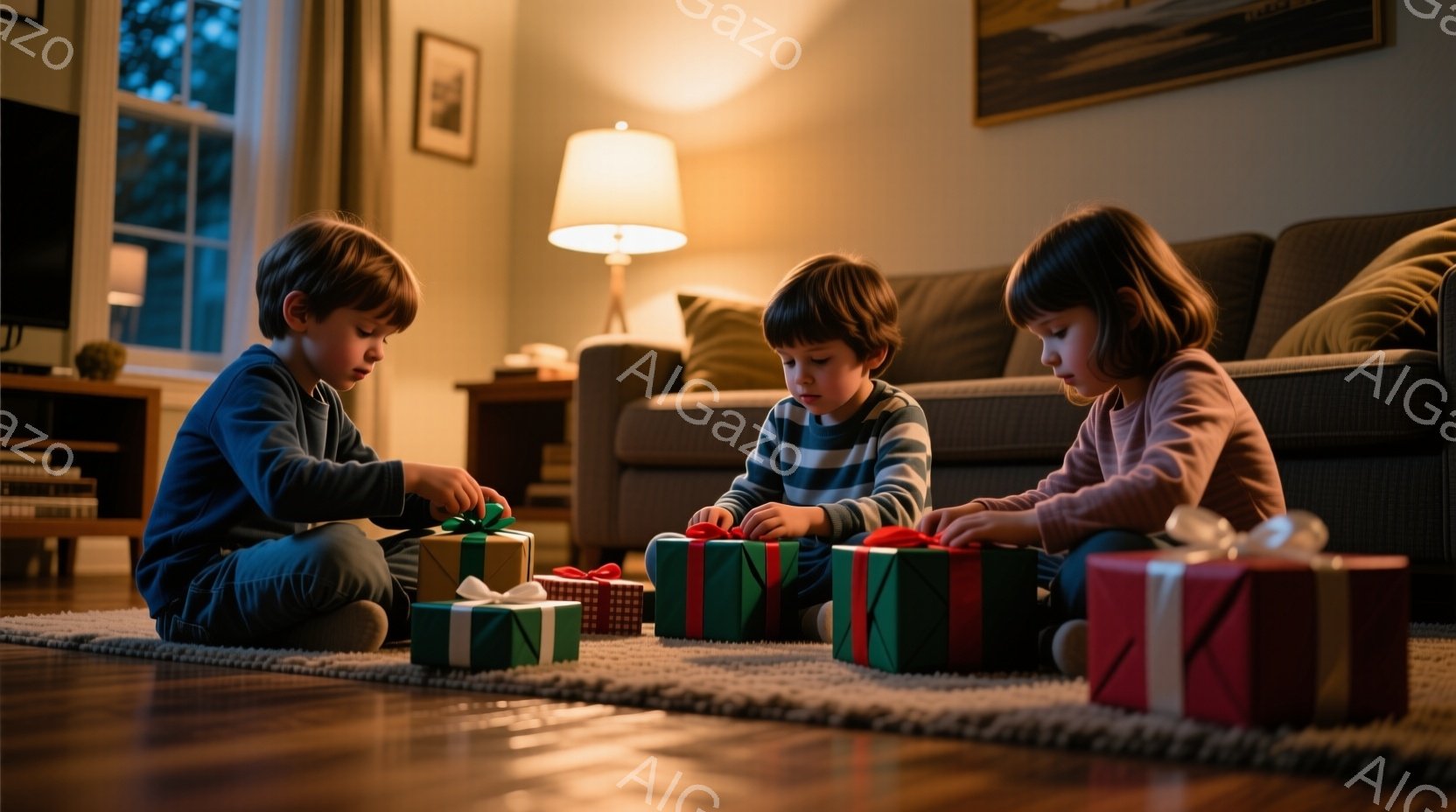 暖炉の光が差し込むリビングで、３人の子供たちがプレゼントに囲まれて座っています。それぞれ違う色の包装紙で包まれたプレゼントを、興味津々とした表情で手に取り、確認している様子です。背景には灰色のソファと - AI生成フリー素材