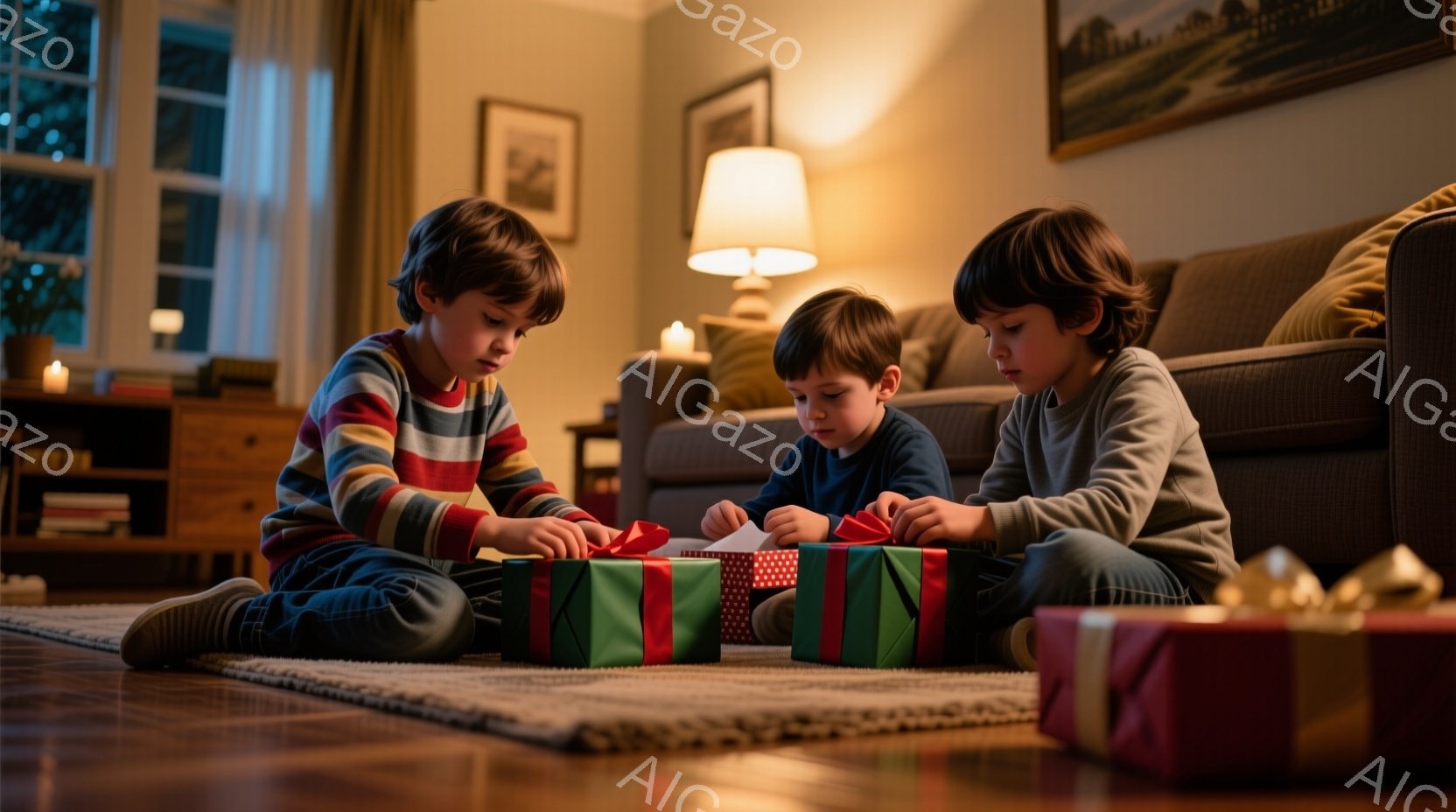 暖炉のあるリビングルームで、３人の少年が床に座り、プレゼントのラッピングを剥がしています。少年たちはそれぞれカラフルなセーターを着ており、濃い茶色の髪をしています。背景には、木製の家具、絵画、暖炉の温 - AI生成フリー素材