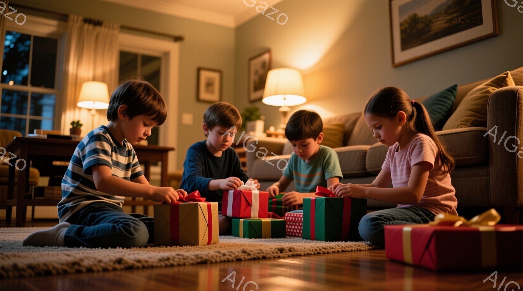 4人の子供たちが床に座り、プレゼントのラッピングを解いている様子が描かれています。彼らは皆、カジュアルな服装で、集中した表情でプレゼントを開けようとしています。背景には暖色系の照明が灯ったリビングルー - AI生成フリー素材