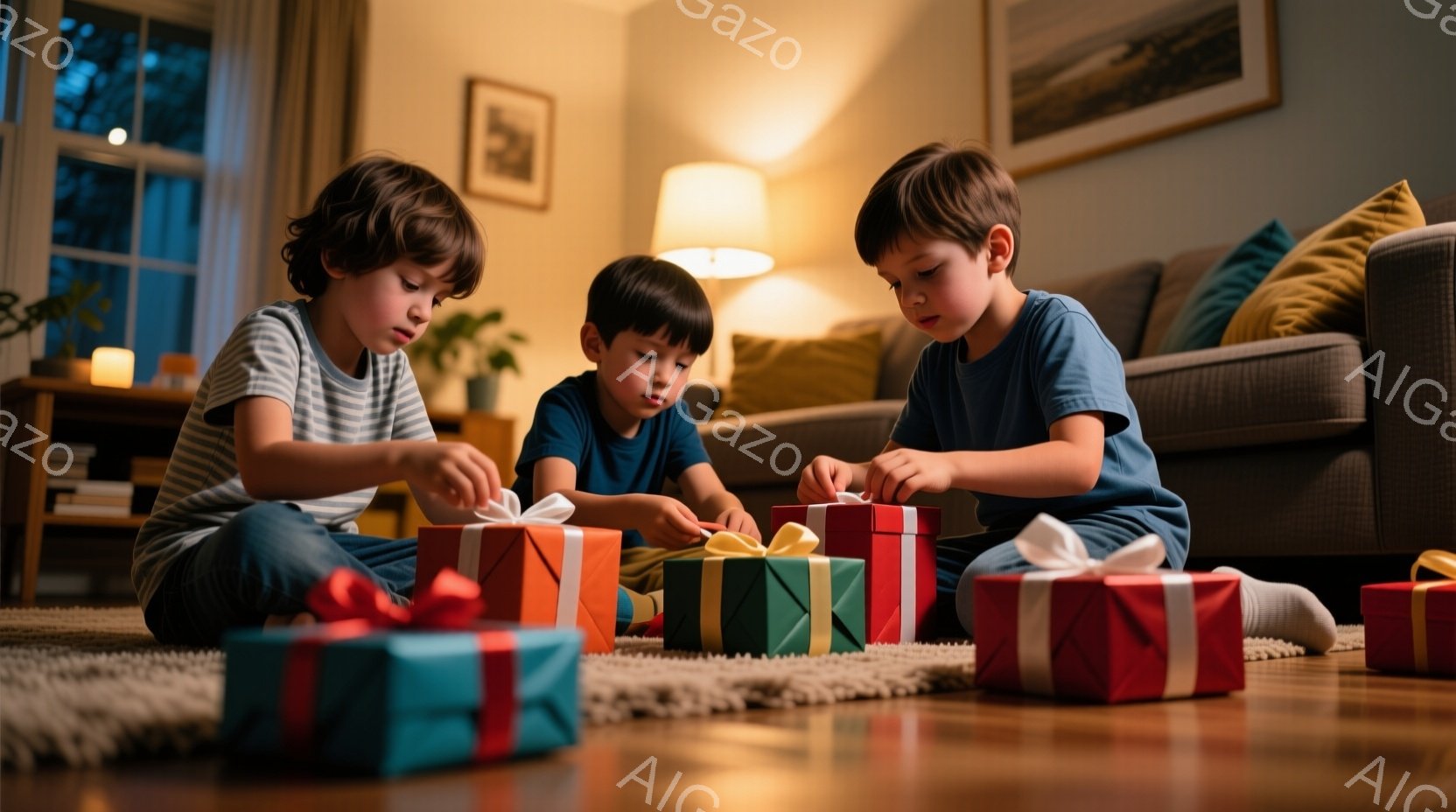 三人の少年が床に座り、それぞれプレゼントのラッピングを剥がそうとしています。少年たちは皆、短い髪で、カジュアルなTシャツを着ており、真剣な表情でプレゼントに集中しています。背景にはソファと植物、そして暖色系の照明があり、全体的に温かく、親密な雰囲気です。