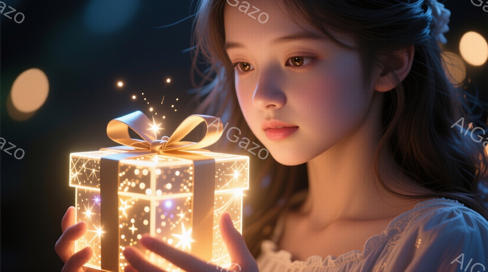 明るい光を放つ立方体のプレゼントを少女が両手で抱えている。彼女はオフショルダーの白いドレスを着ており、髪はゆるく巻いて肩にかかっている。背景は暗く、ぼやけた光の粒子が散りばめられており、幻想的で神秘的な雰囲気を醸し出している。