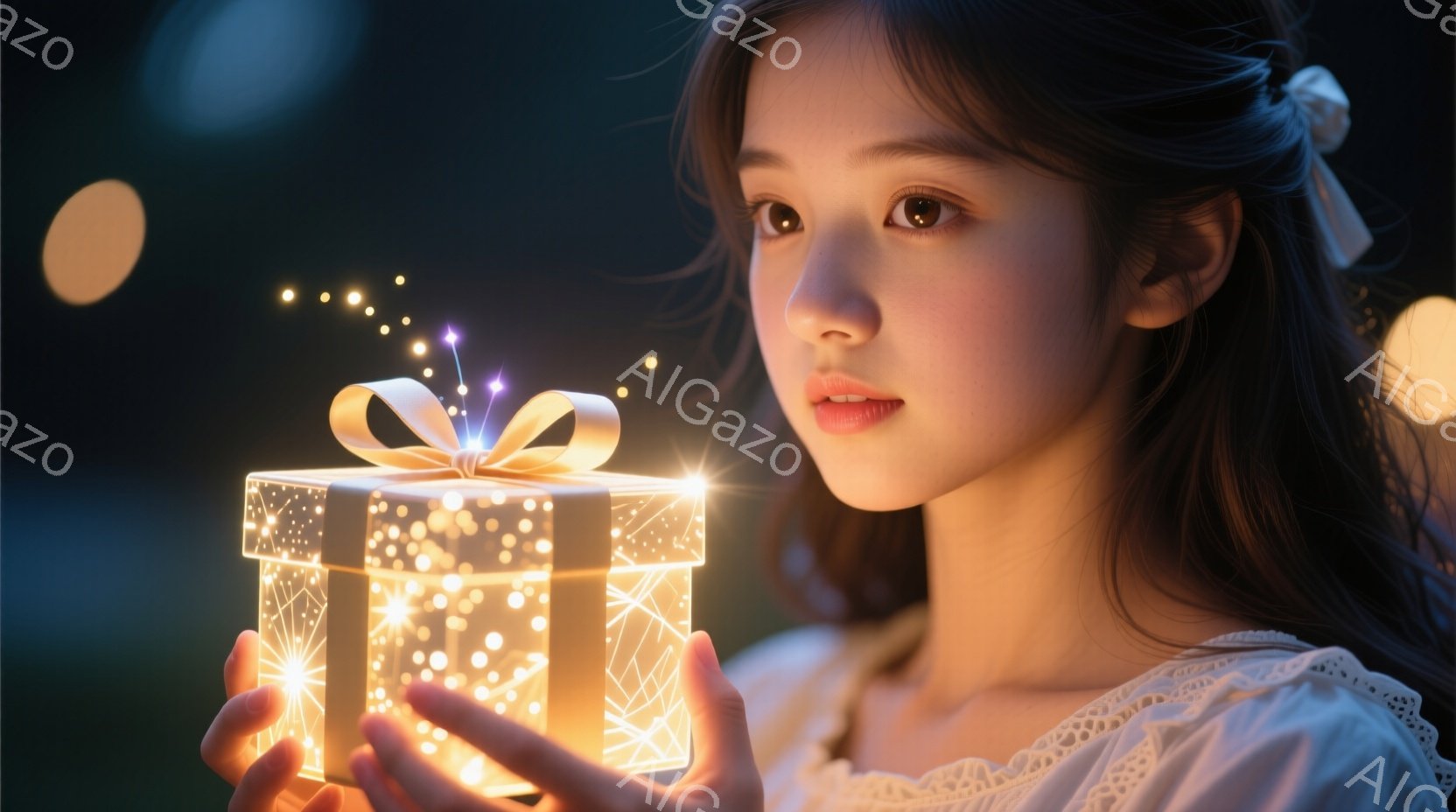 長い黒髪をサイドでリボンで結び、白いレースの襟付きのブラウスを着た若い女性が、光り輝く立方体のギフトボックスを両手でそっと抱えています。彼女は少し上目遣いで、神秘的な光を放つ箱を見つめており、その表情は好奇心と期待に満ちています。背景は暗くぼやけており、遠くにぼんやりとした光が見え、夢幻的で幻想的な雰囲気を醸し出しています。