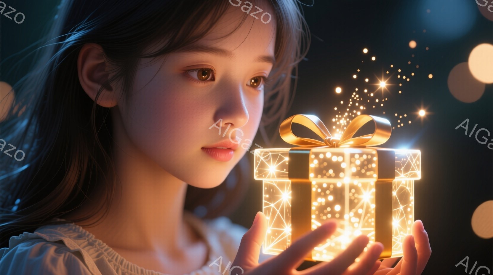 長い黒髪の少女が光り輝くプレゼントの箱を両手でそっと抱えています。白いブラウスのような服を着ており、表情は穏やかで箱に集中しているようです。背景は暗く、ぼやけた光の粒子が浮かび上がり、幻想的で夢のよう - AI生成フリー素材