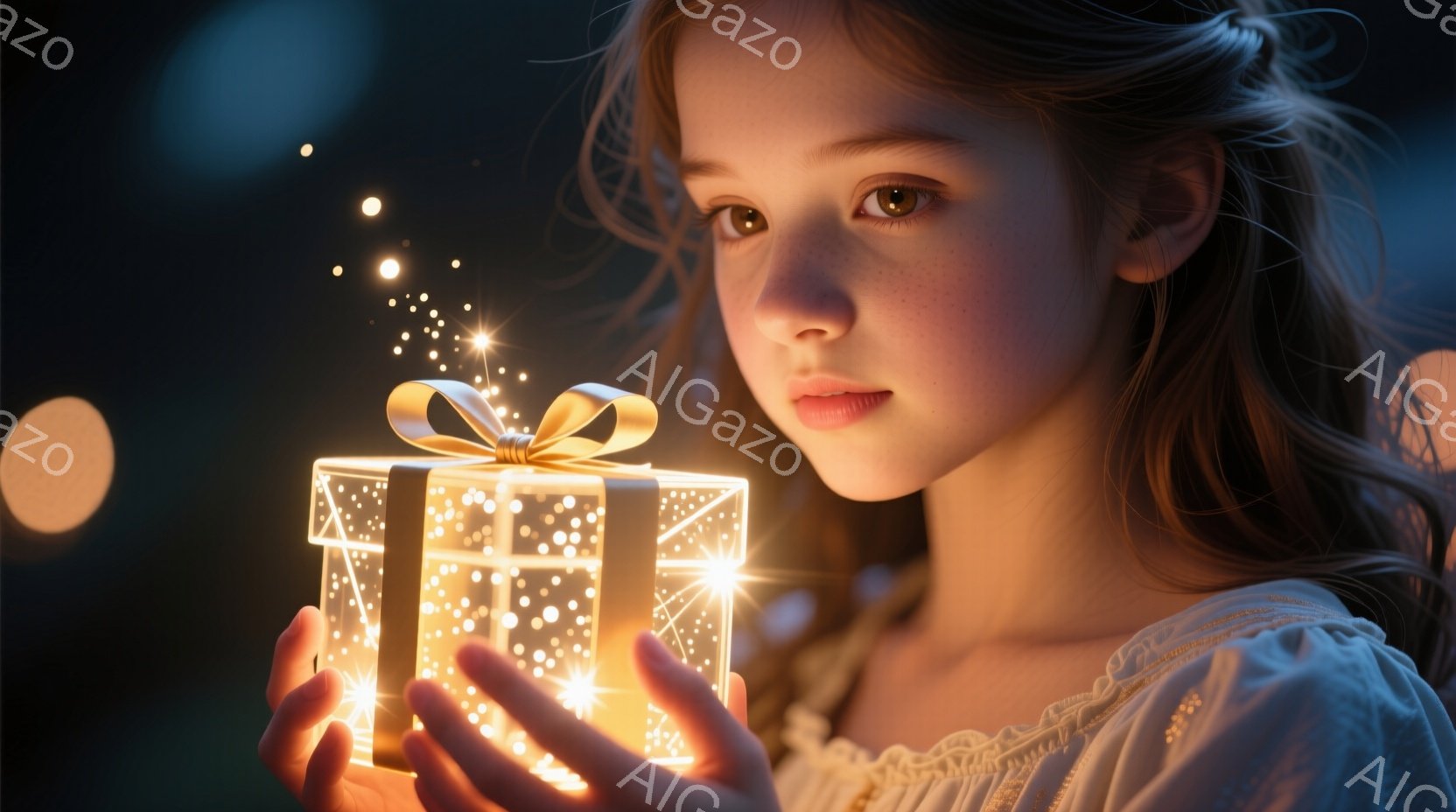 長いブロンドの髪を後ろで一つにまとめた少女が、光り輝く立方体の箱を両手で抱えています。オフホワイトのフリル襟のブラウスを着ており、真剣な表情で箱を見つめています。背景は暗く、ぼやけた光の粒子が散りばめられており、箱の光が少女の顔を照らし、神秘的な雰囲気を醸し出しています。