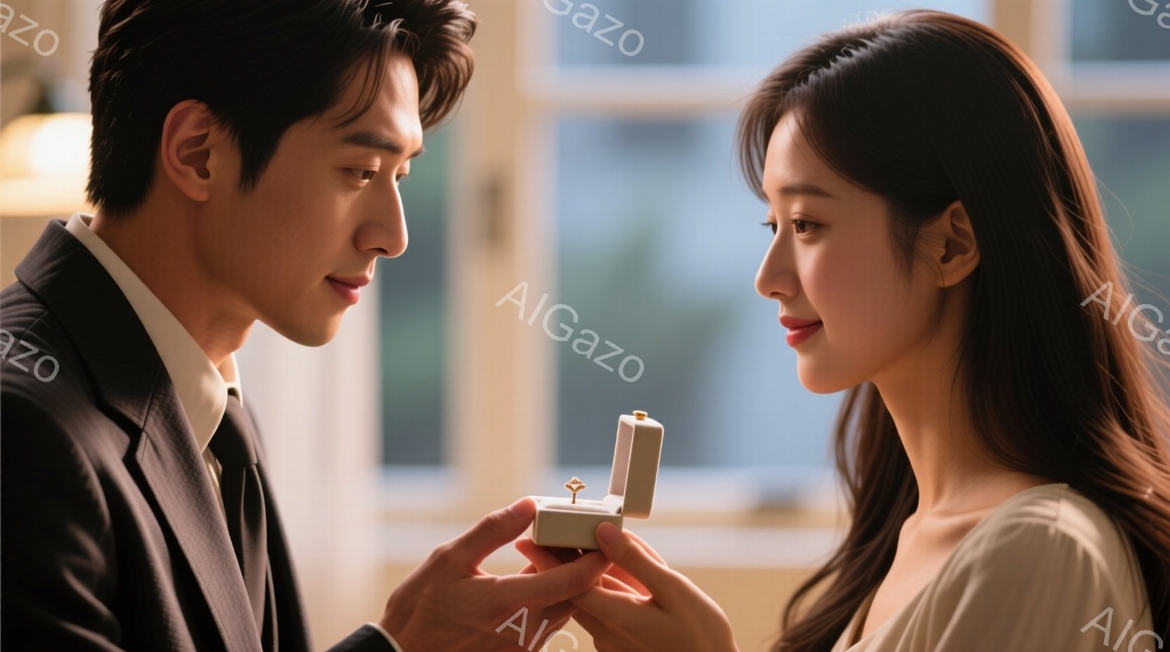 鮮やかな光が差し込む室内で、一人の男性が女性に指輪を差し出している。男性は黒いスーツと白いシャツというフォーマルな服装で、真剣な眼差しで女性を見つめている。女性はオフホワイトのドレスを着ており、少し照れたような笑顔を浮かべており、ロマンチックで感動的な雰囲気が漂っている。