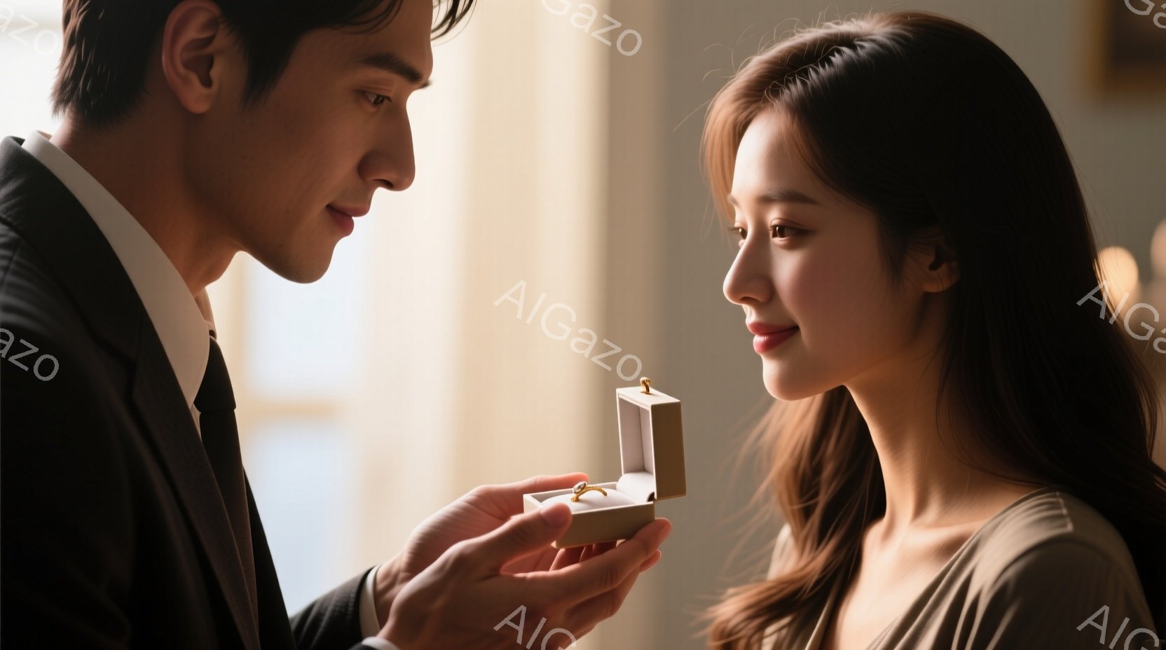 紳士は黒いスーツと白いシャツを着ており、開いた指輪箱を女性に差し出しています。女性はベージュのドレスを着て、微笑みながら彼を見つめており、優しい雰囲気を醸し出しています。背景はぼやけていますが、部屋の一部が見え、全体的に温かくロマンチックな雰囲気です。