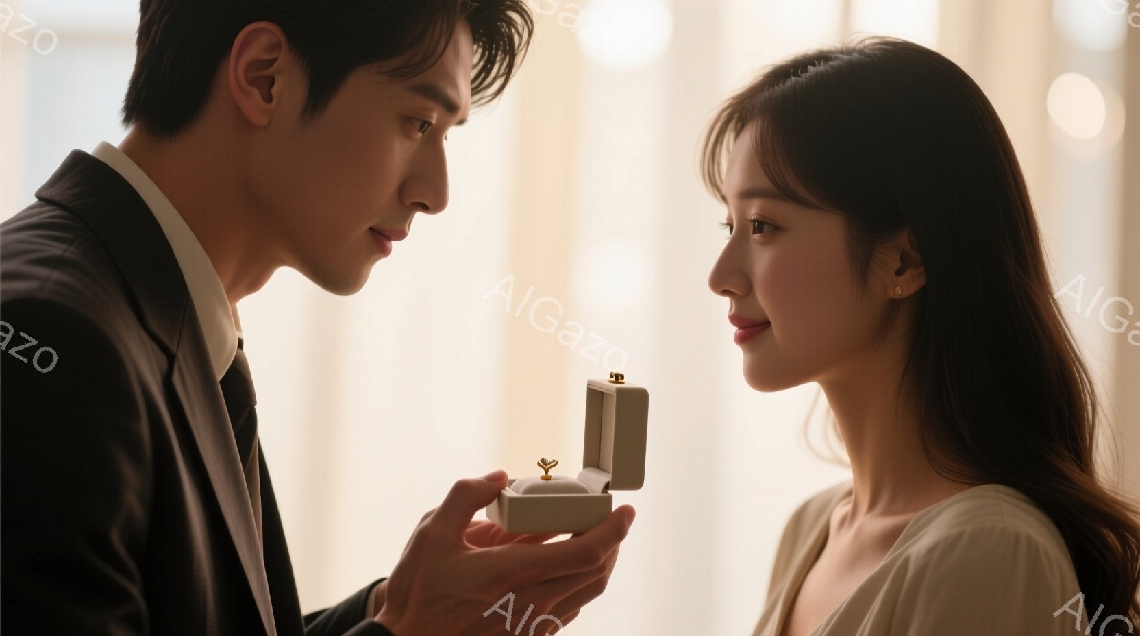 スーツ姿の男性が、開いた指輪箱を女性に向けて差し出している。女性はロングヘアを優雅になびかせ、期待と少しの緊張が入り混じった表情で男性を見つめている。背景はぼやけており、柔らかい光が差し込む室内で、ロマンチックで感動的な雰囲気が漂っている。