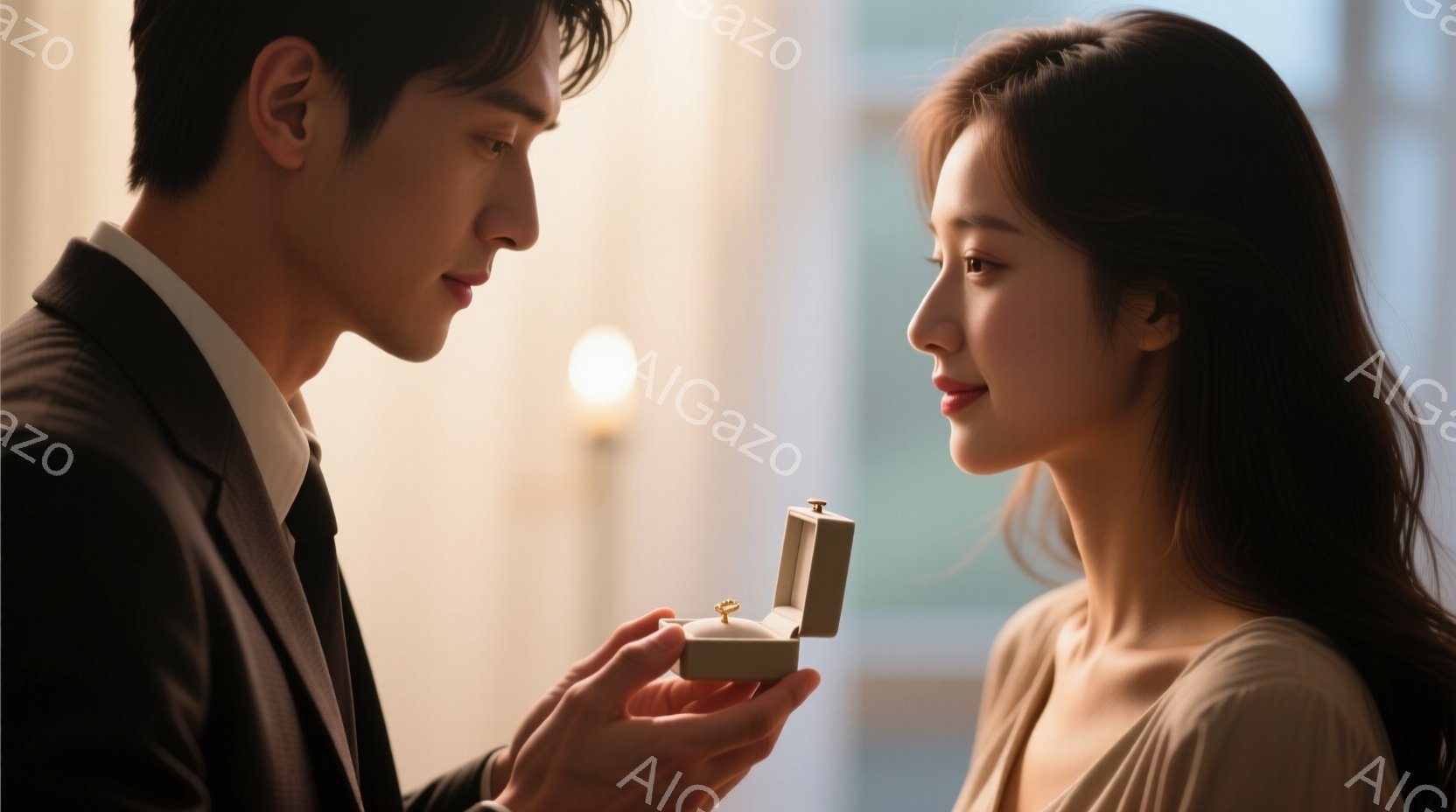 一人の男性と女性が写っており、男性は女性に指輪を差し出しています。男性は黒いスーツとネクタイを着用し、女性はベージュ色のドレスを着て、長い髪をなびかせています。背景はぼやけていますが、室内で、薄暗い光が灯っており、ロマンチックで親密な雰囲気を醸し出しています。