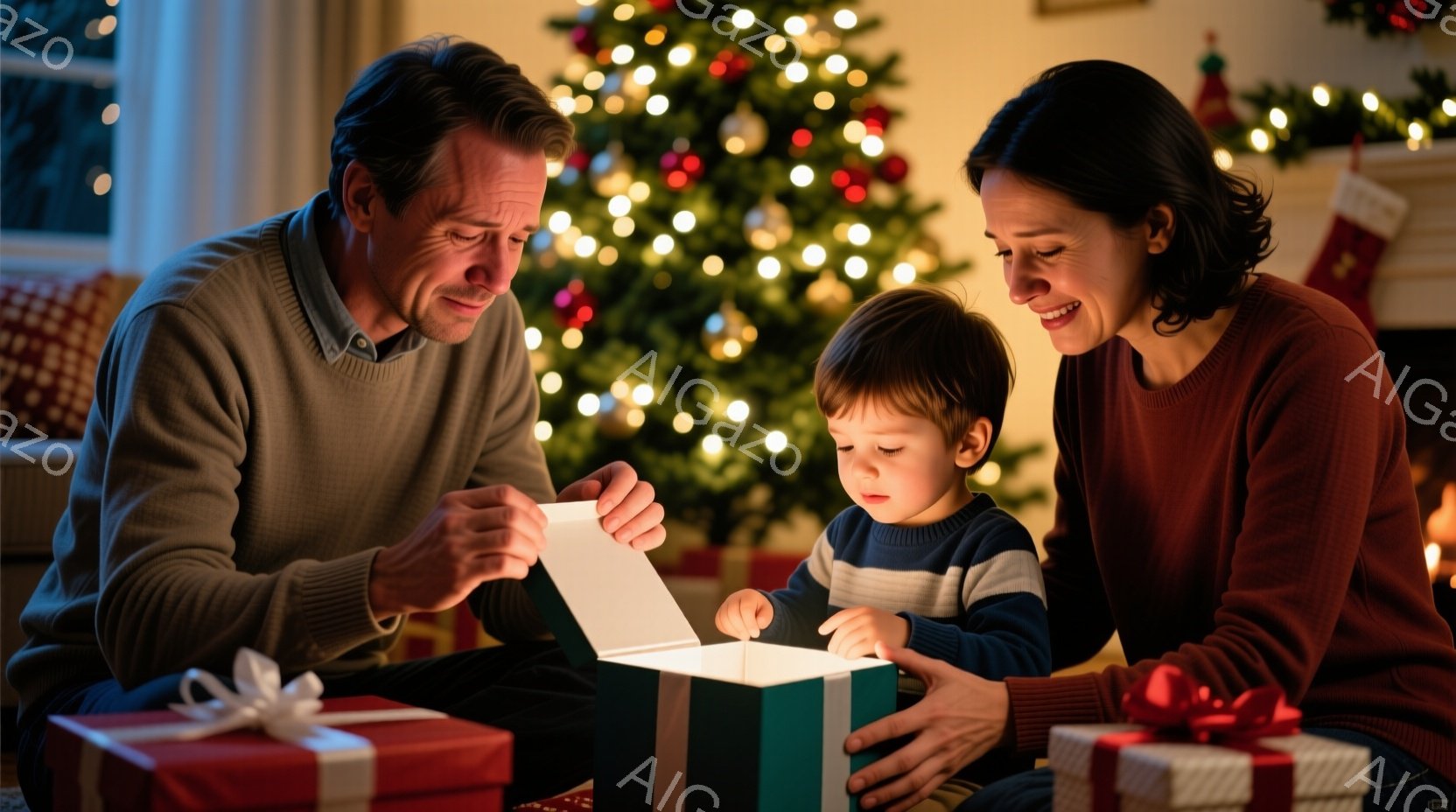 暖炉のそばで、少年とその両親がクリスマスプレゼントを開けている様子が写っている。少年は青と白のボーダーのセーターを着ており、両親はそれぞれグレーと赤のセーターを着ている。背景には、光り輝くクリスマスツリーやプレゼントが積まれた暖炉があり、家族の温かい雰囲気が伝わってくる。