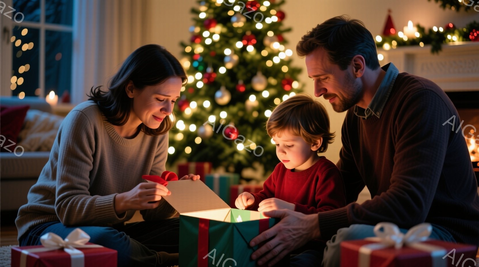 暖炉の前で、若い夫婦と幼い息子がクリスマスプレゼントを開けている様子が描かれている。母親はベージュのセーターを着ており、父親は濃い色のセーターを着ている。息子は赤いセーターを着ており、母親と父親を見上げ、緑色の箱の中身に興味津々の表情をしている。
