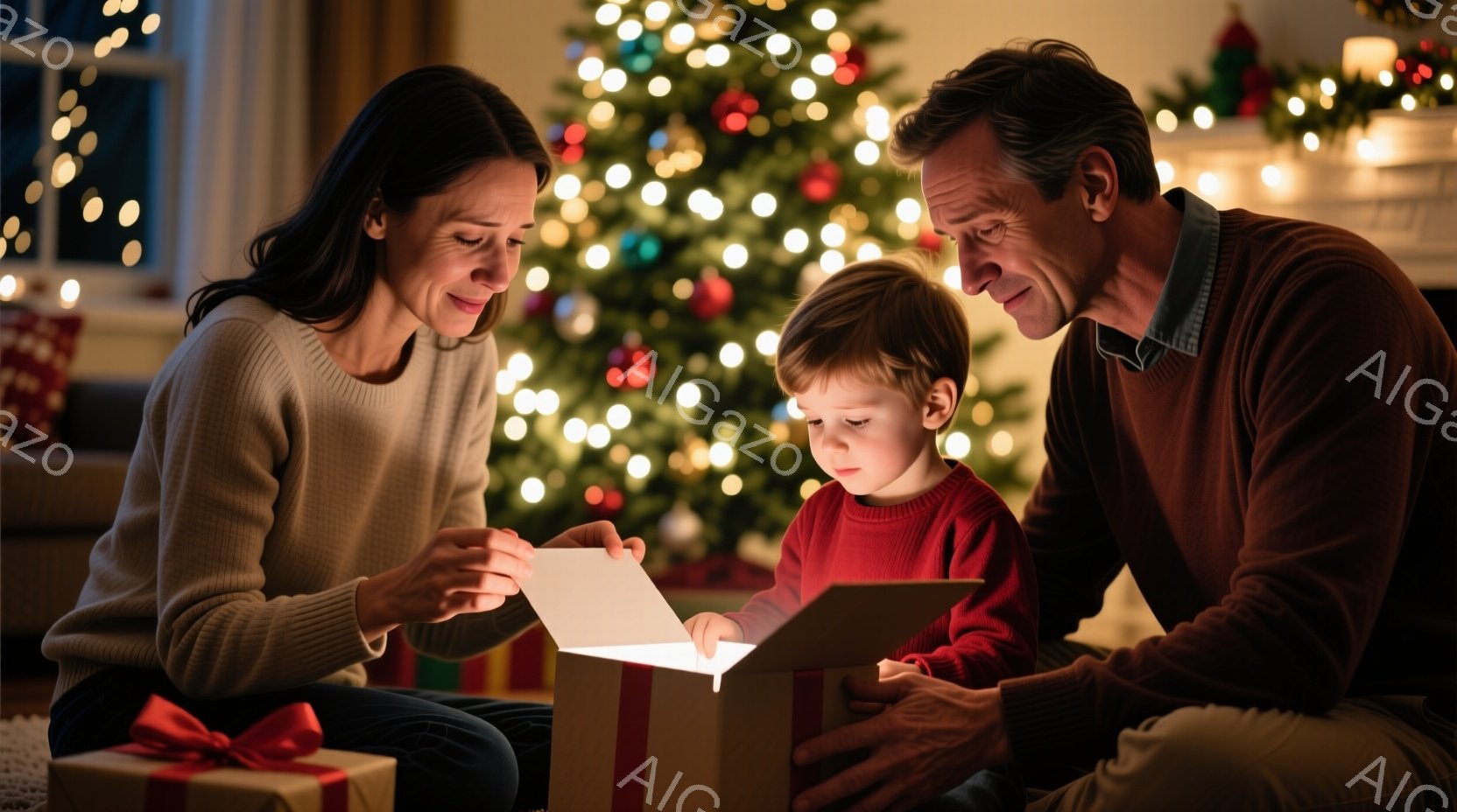クリスマスツリーが輝く室内で、女性と男性、そして幼い男の子がプレゼントの箱を見ている。女性はベージュのセーターを着ており、男性は紺色のセーターを着用している。男の子は赤いセーターを着ていて、箱の中身を興味津々に見つめている。