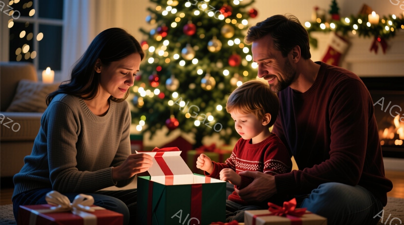 暖炉とクリスマスツリーを背景に、女性と男性、そして幼い子供が床に座り、プレゼントを開けている様子が描かれている。女性はグレーのセーターを着ており、子供のプレゼントの箱をそっと開けようとしている。子供は - AI生成フリー素材
