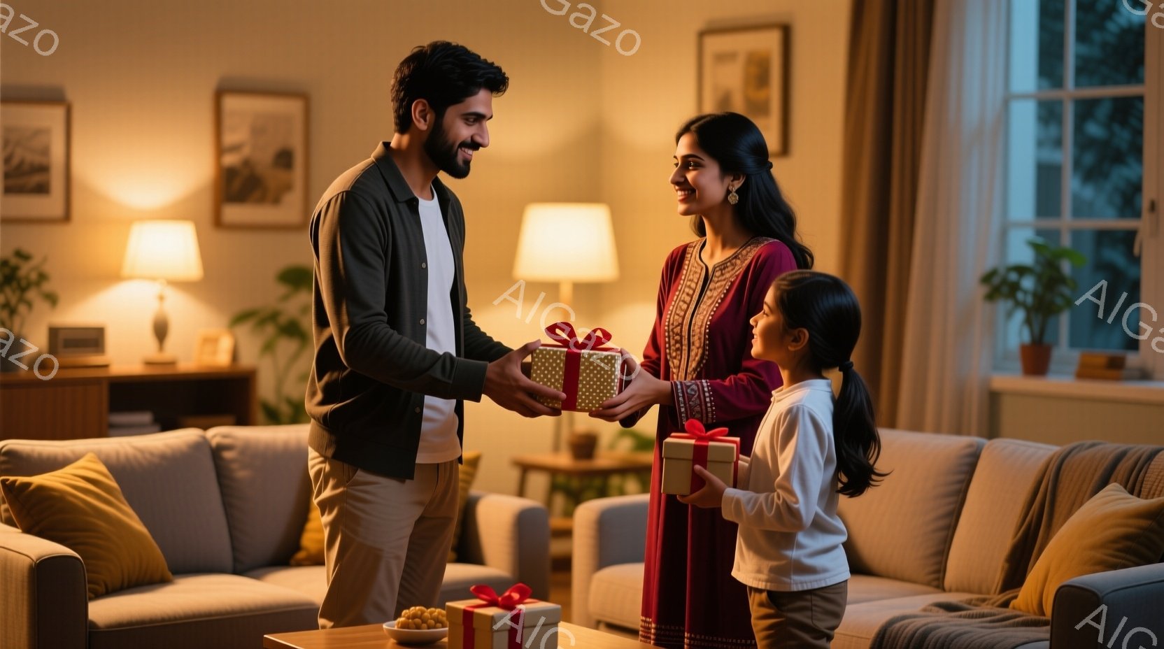 室内には、プレゼントを交換する若い夫婦と幼い娘がいます。父親はカジュアルなシャツとズボンを着用し、母親は伝統的な赤いドレスを着ています。娘は白いシャツとショートパンツを着ており、全員が温かい笑顔で、心地よい家庭的な雰囲気が漂っています。