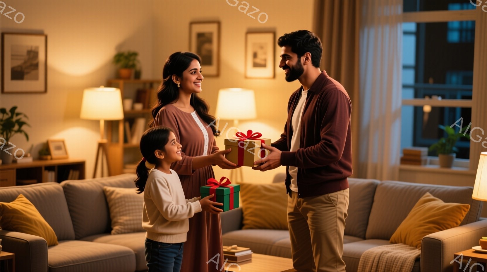 少女と男性がリビングルームでプレゼントを交換しています。少女は白いセーターとジーンズを着ており、三つ編みの髪型で、笑顔でプレゼントを受け取ろうとしています。男性は茶色のカーディガンとズボンを着用し、優しく微笑みながらプレゼントを差し出しています。背景には、木製のコーヒーテーブル、ソファー、植物、そして暖色の照明のある快適なリビングルームの様子が見えます。