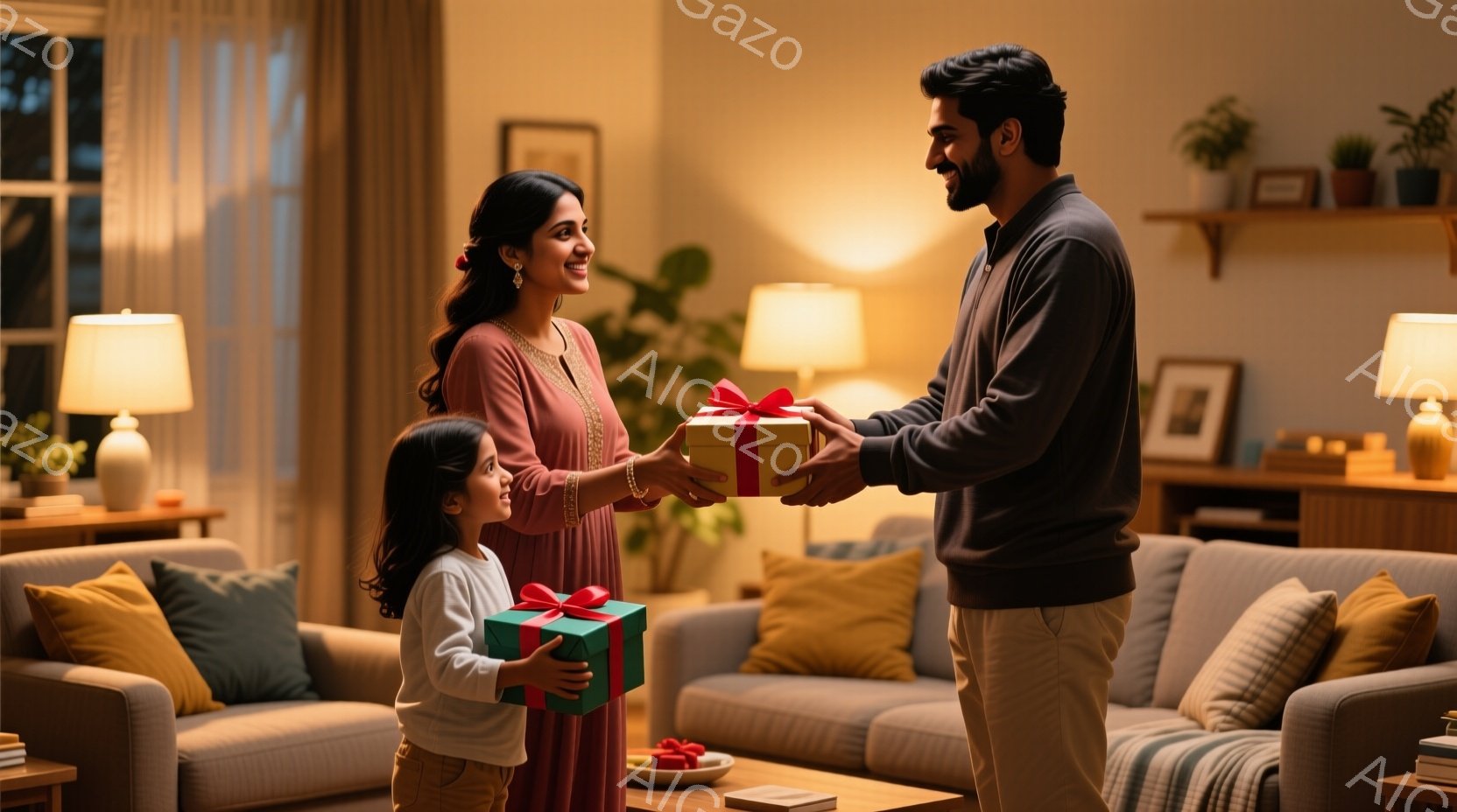 少女が両手に緑色の包装紙で包まれたプレゼントを抱え、母親に手渡そうとしています。母親は微笑みながら、そのプレゼントを受け取ろうと手を伸ばしています。背景にはベージュとグレーのソファ、テーブル、壁にかか - AI生成フリー素材