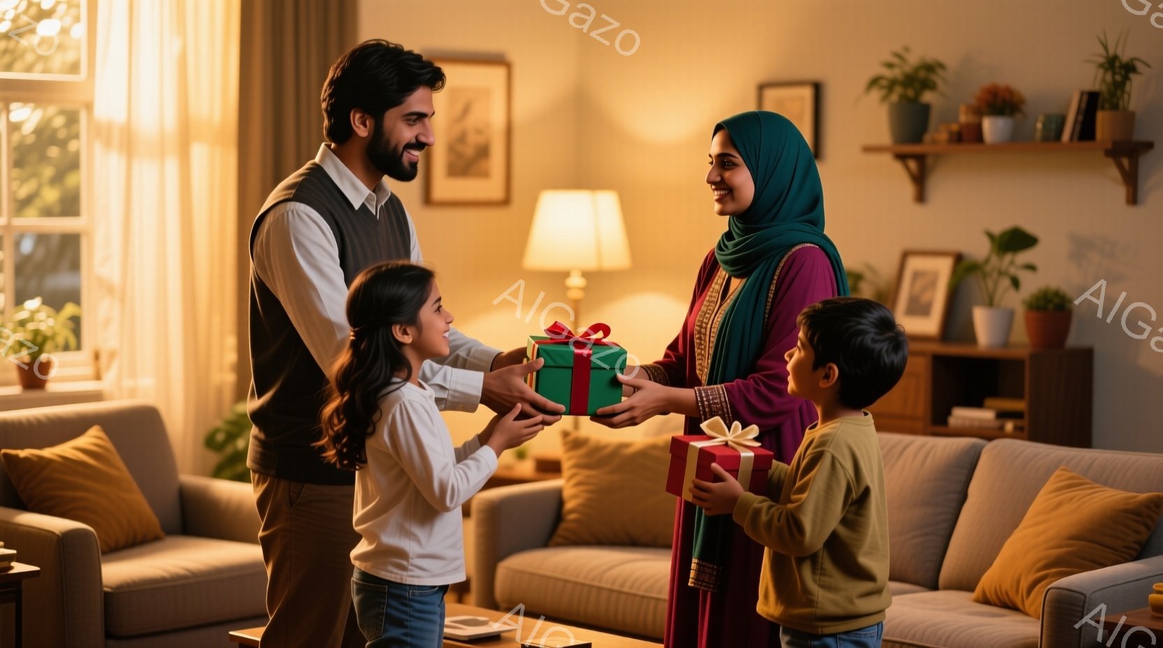 暖炉のあるリビングルームで、父親が娘に緑色のギフトボックスを手渡しています。母親は別の息子に赤いギフトボックスを手渡しており、全員が笑顔で幸せそうな様子です。背景にはソファ、観葉植物、そして暖色系の照明があり、全体的に温かく家庭的な雰囲気が漂っています。