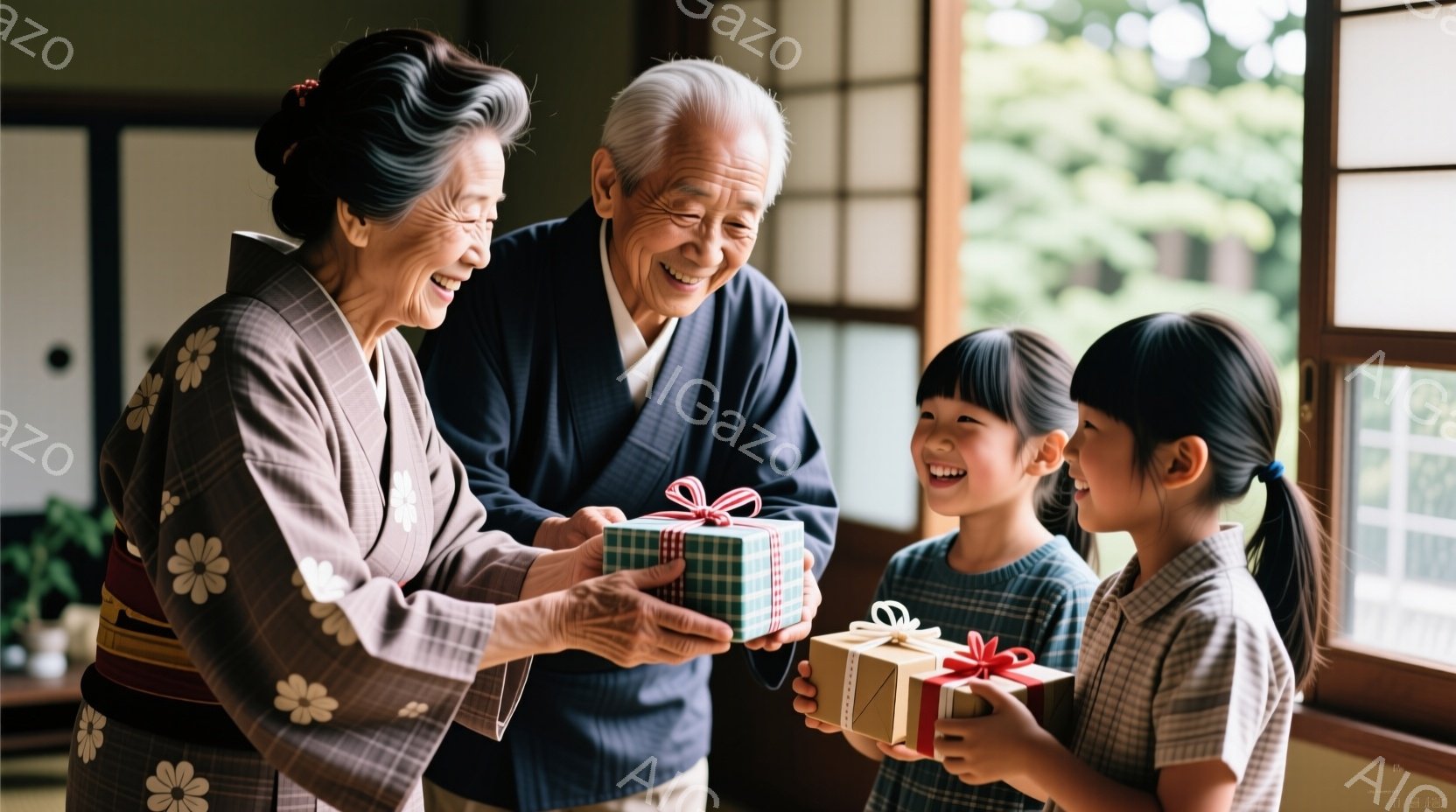 着物を着たおばあさんと、和服を着たおじいさんが、それぞれ小さな女の子に贈り物をする様子が写っています。おばあさんは花柄の着物を着て笑顔で緑色の贈り物を受け渡しており、おじいさんは紺色の和服を着て、同じように笑顔で灰色の贈り物を受け渡しています。背景には窓があり、緑豊かな自然が見え、温かく、幸せな家庭の雰囲気が伝わってきます。
