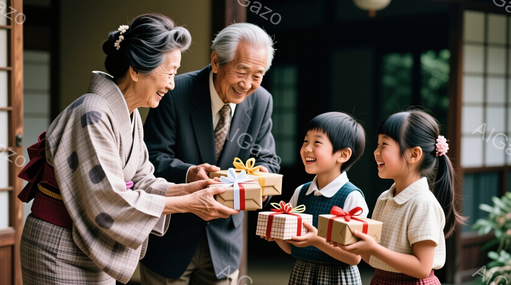 年配の女性が、明るい笑顔で2人の子供たちにそれぞれプレゼントを渡しています。女性は薄いクリーム色の着物を着ており、髪は後ろでまとめられています。子供たちは制服を着ており、それぞれプレゼントを受け取るこ - AI生成フリー素材