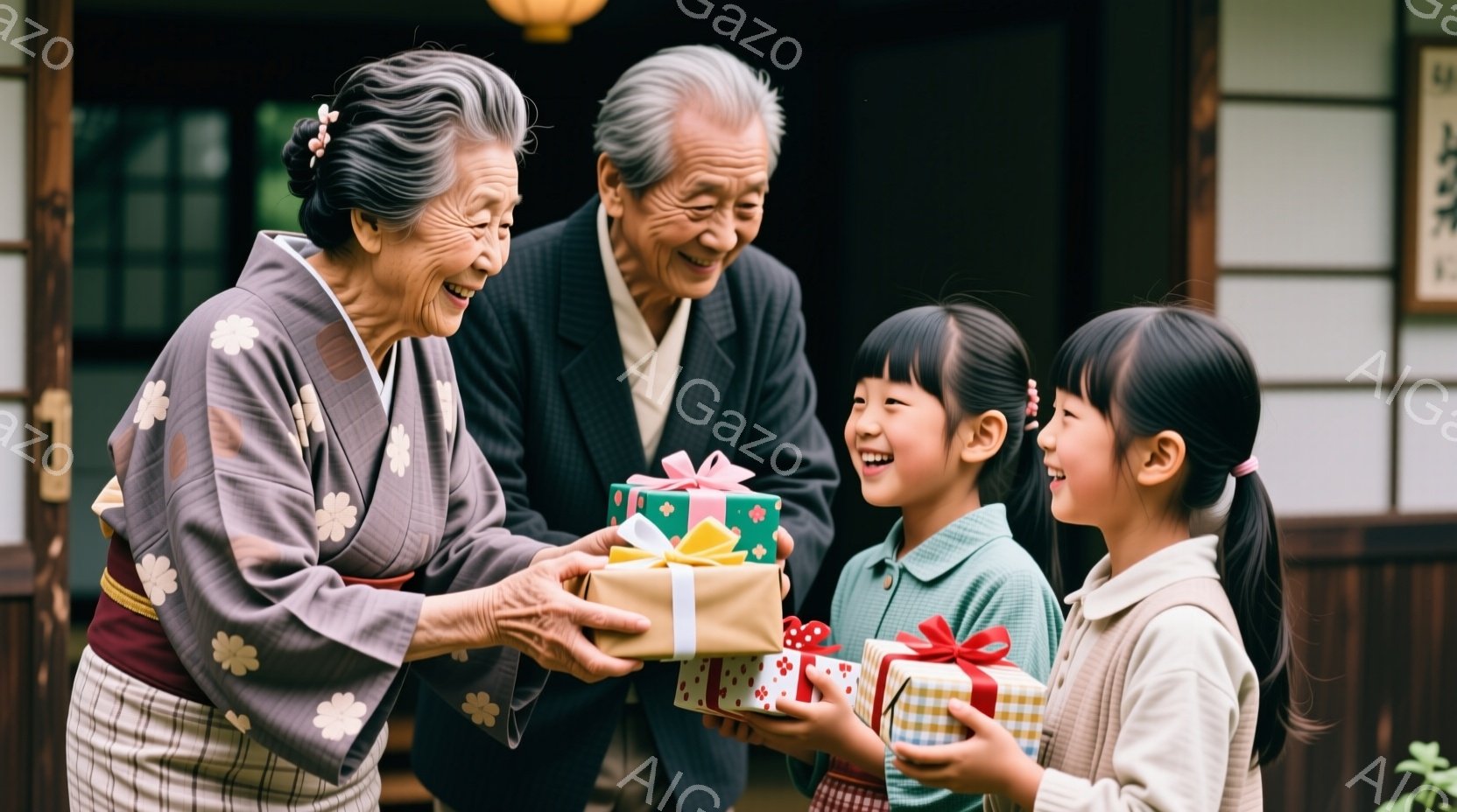 笑顔の老夫婦が、それぞれプレゼントを受け取る二人の少女と対面しています。女性は薄紫色の花柄の着物を着て、髪を後ろでまとめている一方、男性は黒いスーツにネクタイ姿で、穏やかな表情を浮かべています。背景には木造の建物が見え、全体的に温かく、幸せな雰囲気が漂っています。