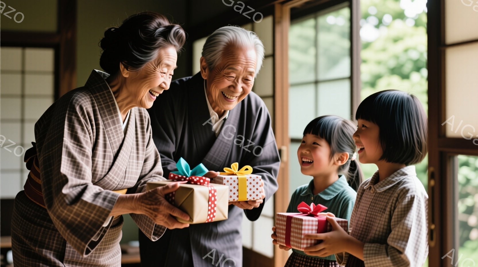 笑顔の高齢女性と少女が、それぞれ贈り物を受け渡している様子が写っている。女性は茶色の着物を着ており、髪は後ろでまとめてピンで留めている。少女は緑色のシャツとチェック柄のスカートを着ており、笑顔でプレゼントを見つめている。
