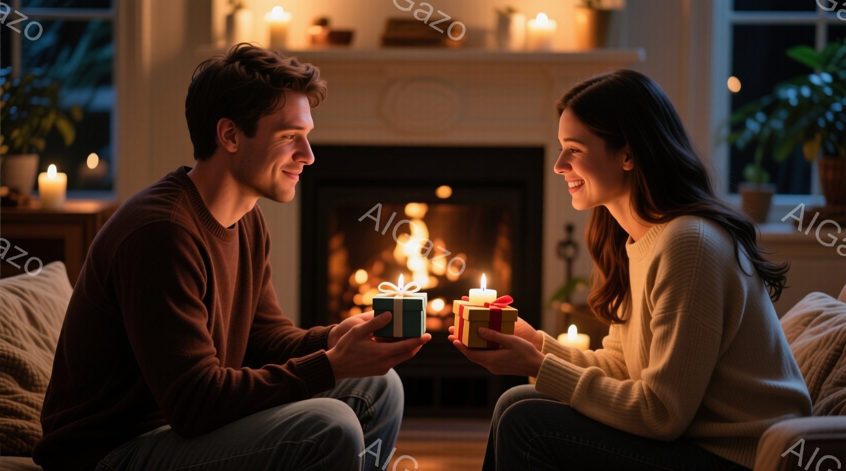 暖炉の前で、若い男女が互いにプレゼントを交換しようとしている姿が描かれている。男性は膝をつき、緑色のリボンで結ばれた小さな箱を女性に差し出しており、女性は笑顔でオレンジ色のリボンで結ばれた箱を受け取ろうとしている。背景には、点灯したキャンドルや植物、そして暖炉の炎が見え、温かくロマンチックな雰囲気を醸し出している。