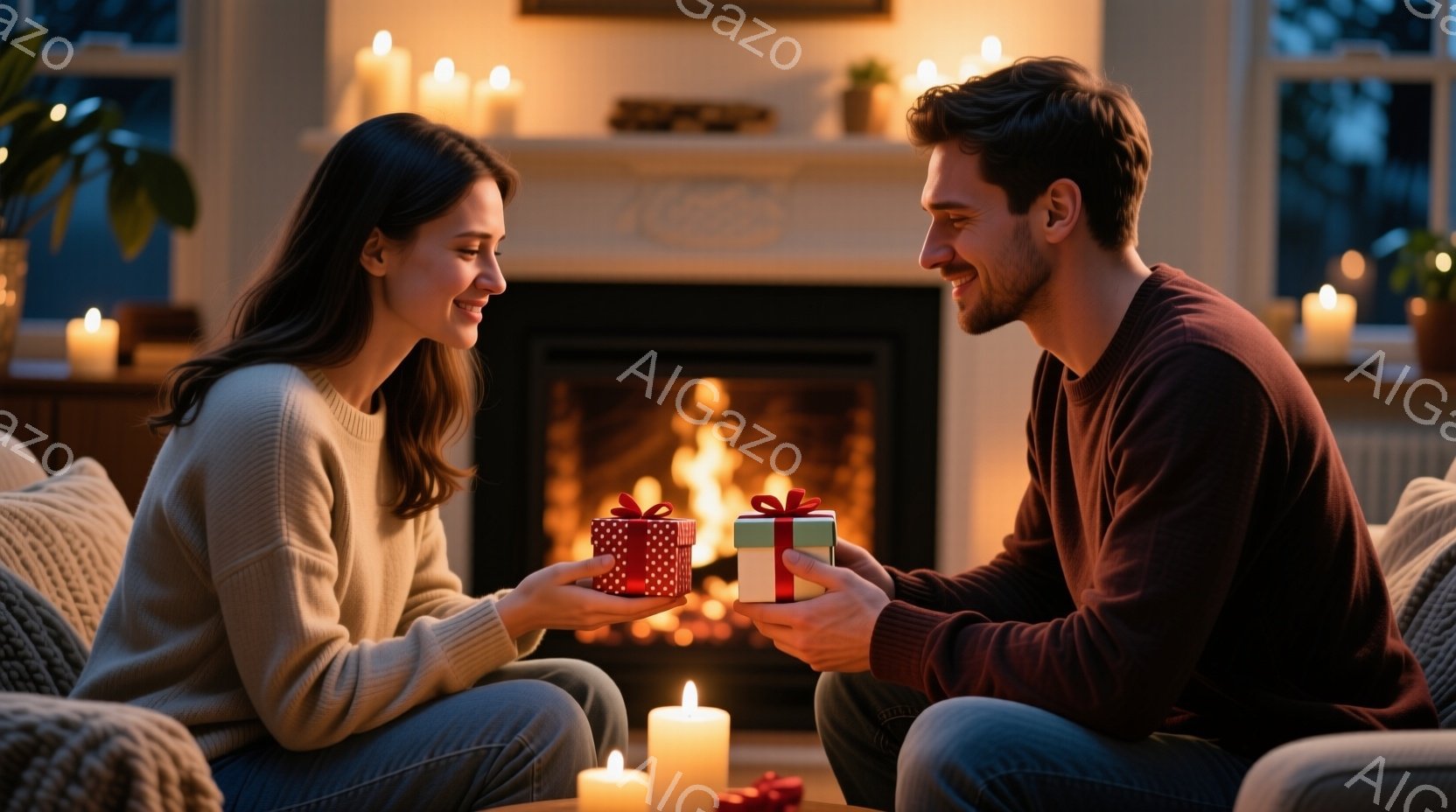 長い茶色の髪の女性と、短い髪の男性が、暖炉の前でプレゼントを交換している様子が描かれている。女性はベージュのセーターとジーンズを着用し、男性は濃い赤色のセーターを着ている。背景には、点灯したキャンドル、暖炉の炎、そして少しぼやけた部屋の様子が見え、温かくロマンチックな雰囲気が漂っている。