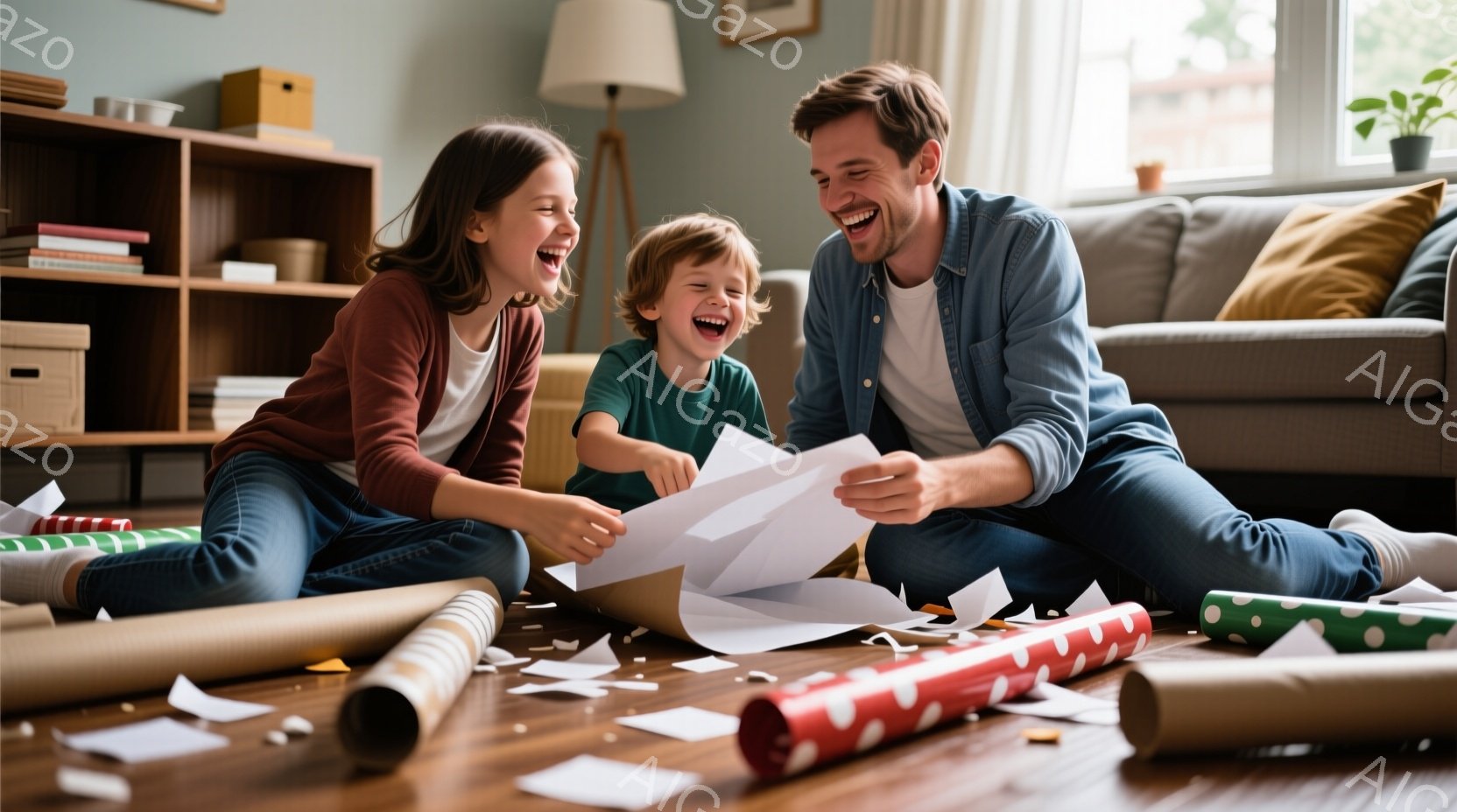 赤毛の少女と少年が、開けられたプレゼントの紙片に囲まれ、床に座って笑っています。少年は緑色のシャツを着ており、少女は赤いセーターを着ています。背景には、ソファ、本棚、そして窓から差し込む自然光があり、 - AI生成フリー素材