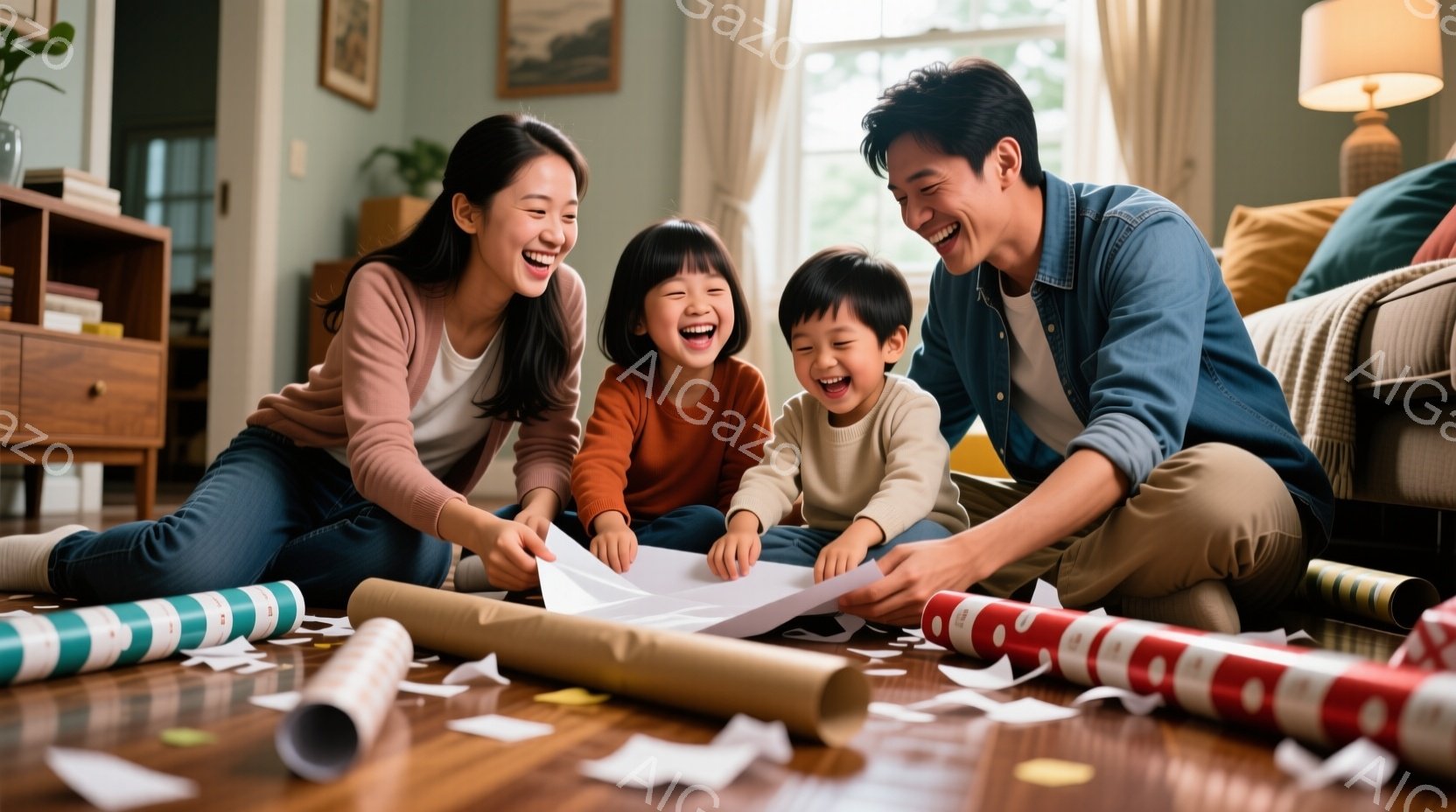 暖炉のあるリビングで、若い夫婦とその二人の子供がプレゼントを開けている様子が写っている。母親はベージュのセーターを着ており、髪は肩まで伸ばして笑顔を見せている。父親はデニムジャケットを着て、少し横を向いてこちらも笑顔で、子供たちはプレゼントに夢中で大笑いしている。