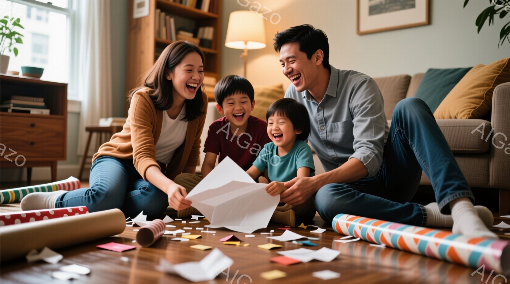 家族は床に座り、プレゼントのラッピング紙を嬉しそうに投げ合っている。母親はベージュのセーターとジーンズ、父親は明るい色のシャツを着ており、どちらも笑顔で子供と楽しんでいる。背景には木製のキャビネットと植物が見え、室内は温かく、お祝いの雰囲気が漂っている。