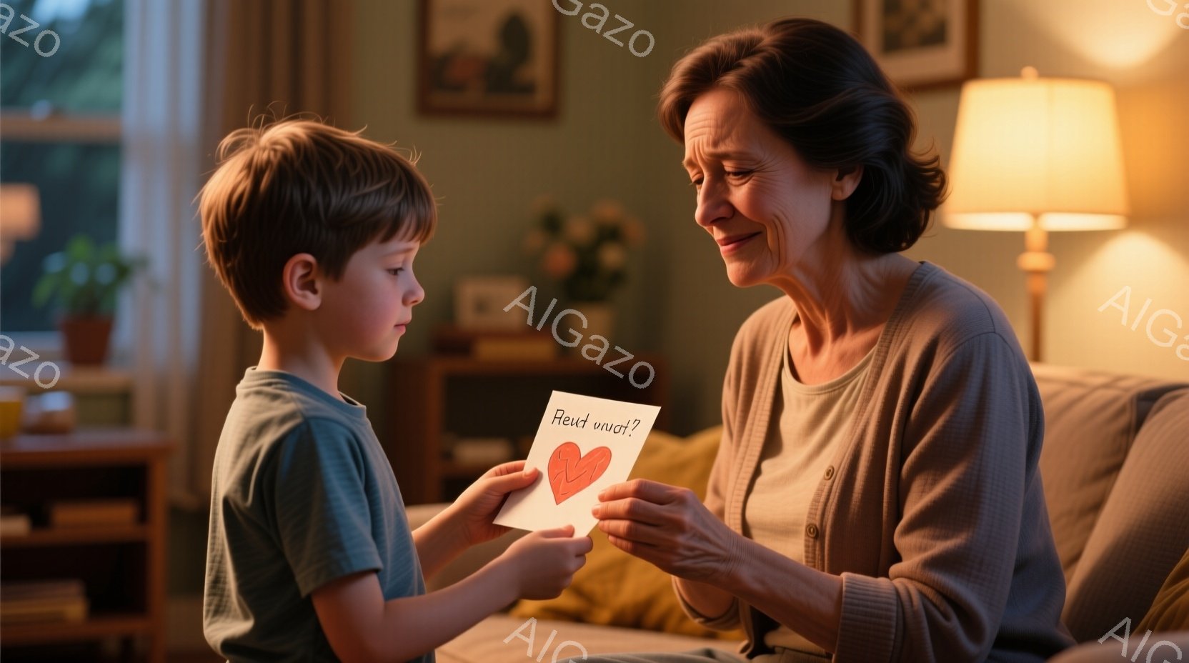 小さな少年が、手作りのハートが描かれたカードを、微笑む祖母に見せています。少年は短髪で、茶色の服を着ており、祖母はグレーのセーターを着て、穏やかな表情をしています。背景には、本棚やランプが見え、温かく - AI生成フリー素材