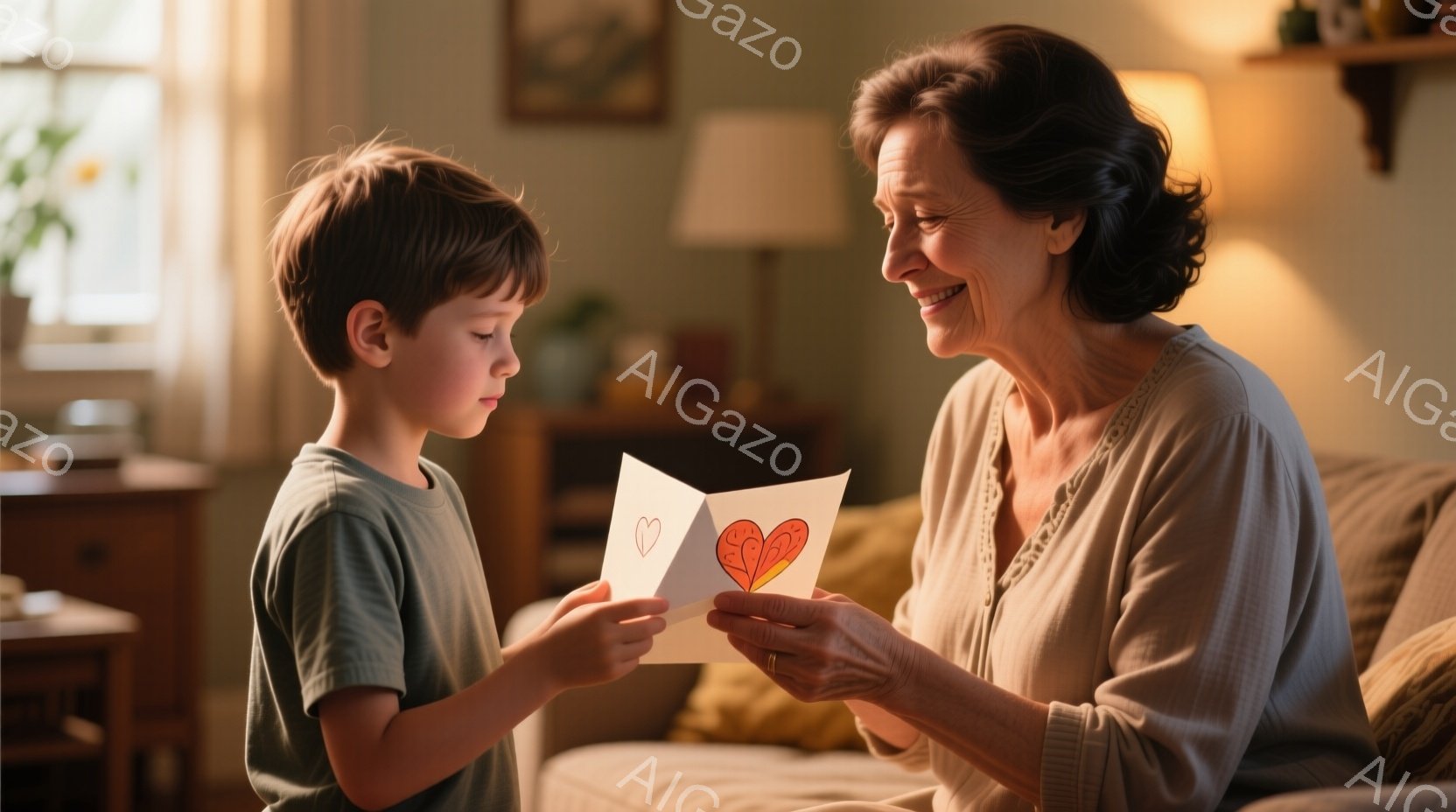 少年は手作りのカードを祖母に見せています。祖母は微笑み、カードを見つめており、少年の髪は短く、緑色のTシャツを着ています。背景には、暖色系のソファと間接照明があり、温かく穏やかな家庭の雰囲気が漂っています。