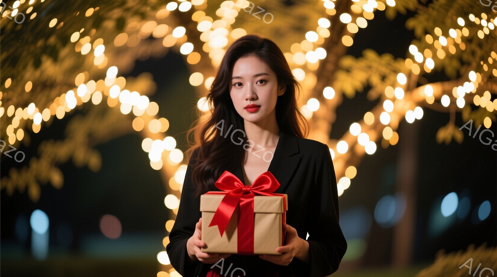 長い黒髪を肩にかけ、赤いリップが印象的な女性が、茶色のリボンで結ばれたプレゼントの箱を両手で抱えています。 黒いジャケットと赤いインナーを着ており、自信に満ちた表情をしています。 背景にはぼやけた光の - AI生成フリー素材