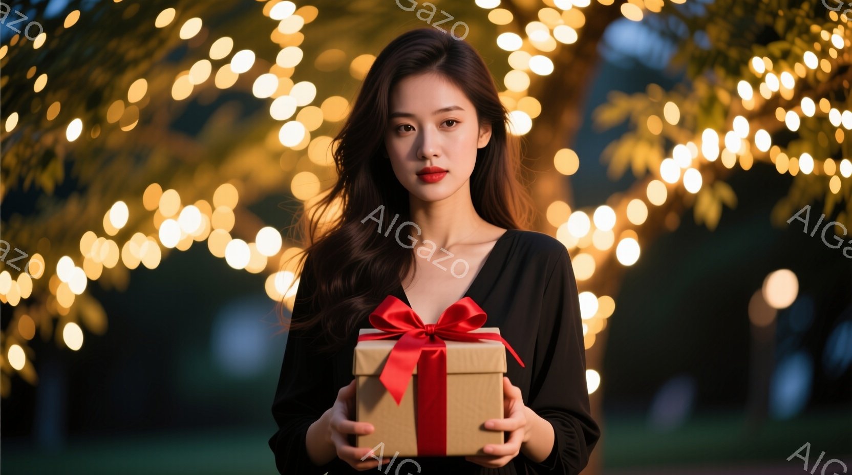 長い黒髪をなびかせた女性が、手にラッピングされたプレゼントの箱を抱えています。彼女は黒いドレスを着ており、少し微笑んだ表情でカメラを見ています。背景にはぼやけた光が点在し、ロマンチックで温かい雰囲気を - AI生成フリー素材