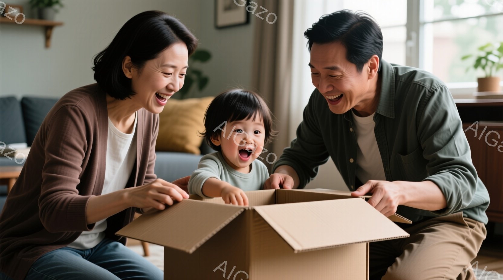 幼い子供が両親に囲まれ、開いたダンボール箱に興味津々で手を伸ばしている様子が写っている。母親はブラウン系のニットを着て微笑み、父親はベージュのズボンとシャツ姿で、子供に優しい眼差しを向けている。背景にはソファや植物が見え、室内は明るく温かい雰囲気で、家族の愛情に満ちた幸せな瞬間が捉えられている。