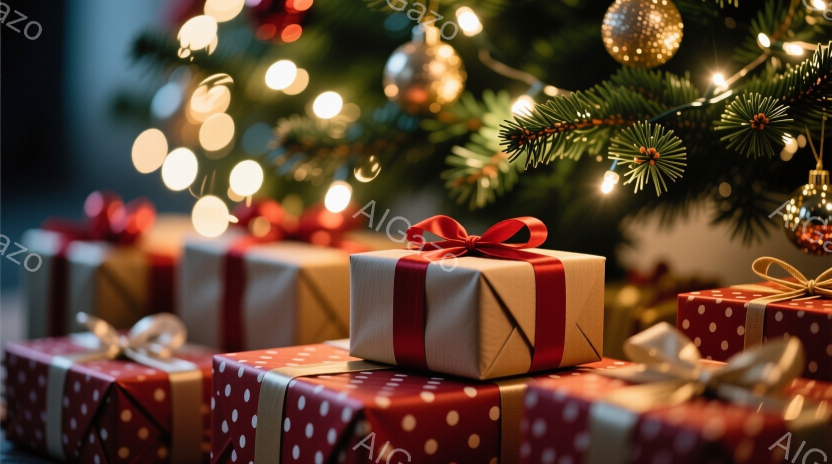 クリスマスツリーの足元に、様々なラッピングペーパーで包まれたプレゼントが積み重ねられています。プレゼントには、赤いリボンや白いレース、麻紐などが飾られており、それぞれが異なるデザインで個性を際立たせています。背景にはぼやけたクリスマスツリーの緑と、温かい光のイルミネーションが広がっており、祝祭の温かい雰囲気を醸し出しています。