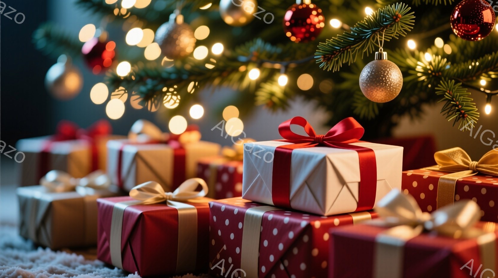鮮やかなラッピングペーパーで包まれたプレゼントがいくつか積み重ねられています。背景にはぼやけたクリスマスツリーの飾りと、暖かく輝く電飾が散りばめられており、お祝いムードが高まっています。全体的に暖かく - AI生成フリー素材