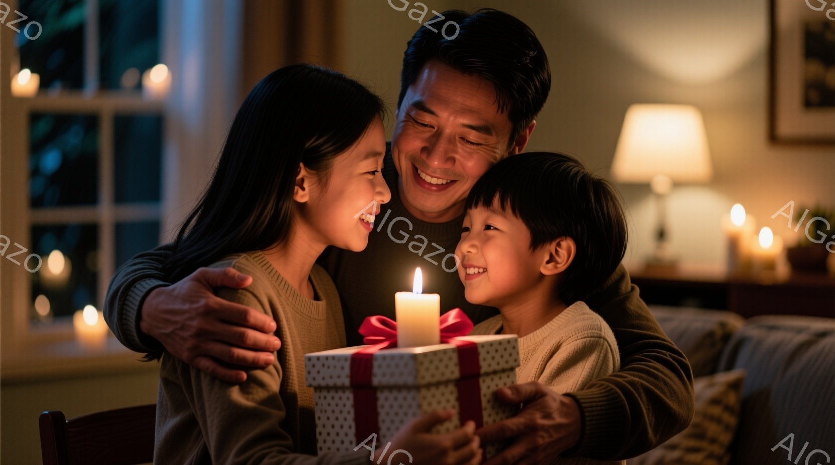 笑顔の女性と少年が抱き合い、プレゼントの箱と灯されたキャンドルを見つめている。女性は黒髪でセーターを着ており、少年は短い髪で同様のセーターを着ている。背景には暖色の照明とぼんやりとした家具が見え、温かく幸せな家庭の雰囲気が漂っている。