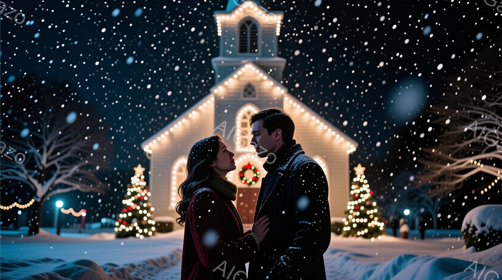 雪が舞う夜、教会の前に立つ男女が描かれています。女性は赤いコートを着て、カールした長い髪を下ろしており、男性は濃い色のコートを着ています。二人は顔を寄せ合い、穏やかな表情で親密な雰囲気を醸し出しており、背景にはクリスマスツリーやイルミネーションで飾られた教会が暖かく輝いています。